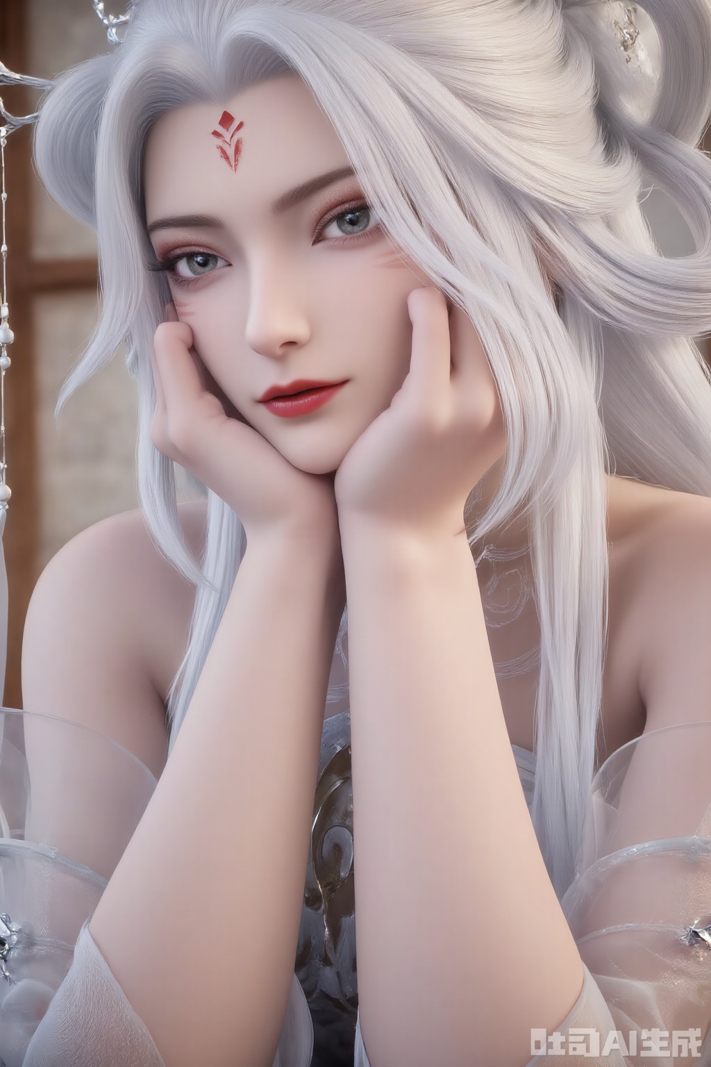 1girl, solo, long hair, looking at viewer, upper body, white hair, detached sleeves, lips, grey eyes, makeup, facial mark, head rest, forehead mark, red lips, blinds,guoman,XiaoBai
