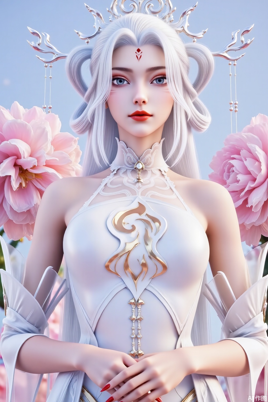 1girl, solo, long hair, looking at viewer, blue eyes, hair ornament, dress, bare shoulders, upper body, flower, white hair, detached sleeves, white dress, red nails, hair rings, forehead mark, red lips,XiaoBai