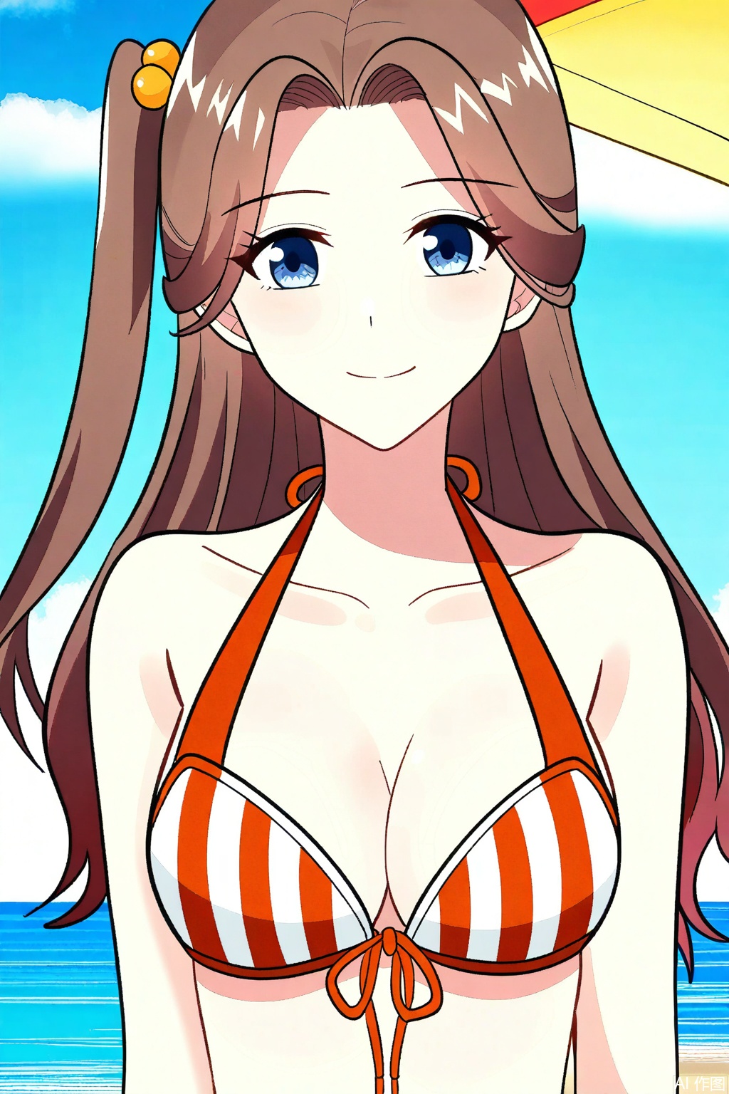 1girl, solo, long hair, breasts, looking at viewer, smile, blue eyes, brown hair, hair ornament, cleavage, medium breasts, closed mouth, collarbone, swimsuit, upper body, bikini, striped, one side up, hair bobbles, front-tie top, vertical stripes, striped bikini,upper body,looking at viewer,on the beach,on the beach,
