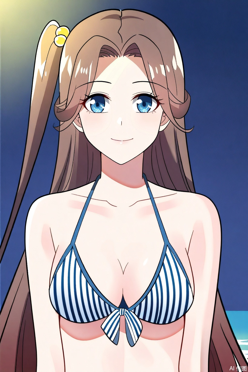 1girl, solo, long hair, breasts, looking at viewer, smile, blue eyes, brown hair, hair ornament, cleavage, medium breasts, closed mouth, collarbone, swimsuit, upper body, bikini, striped, one side up, hair bobbles, front-tie top, vertical stripes, striped bikini,upper body,looking at viewer,on the beach,on the beach,

