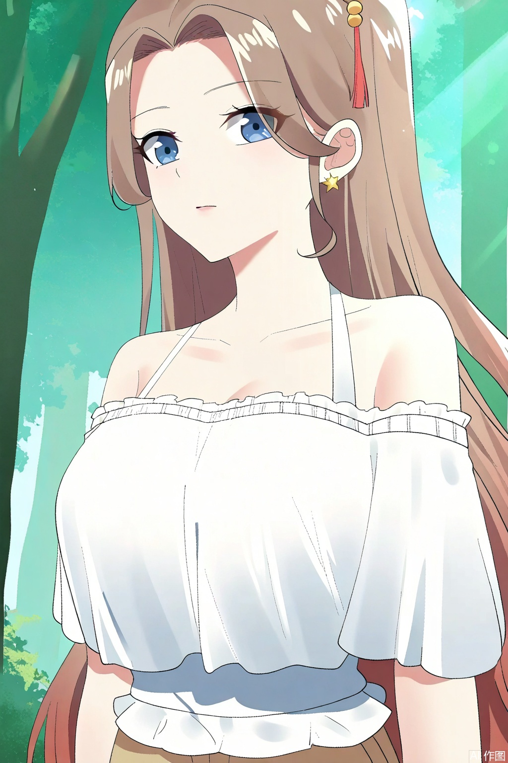 1girl, solo, long hair, breasts, looking at viewer, blue eyes, brown hair, shirt, cleavage, bare shoulders, jewelry, white shirt, earrings, shorts, off shoulder,  off-shoulder shirt,



upper body,looking at viewer,Forest,Forest,