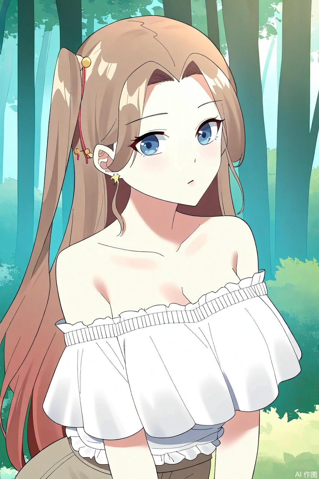 1girl, solo, long hair, breasts, looking at viewer, blue eyes, brown hair, shirt, cleavage, bare shoulders, jewelry, white shirt, earrings, shorts, off shoulder,  off-shoulder shirt,



upper body,looking at viewer,Forest,Forest,