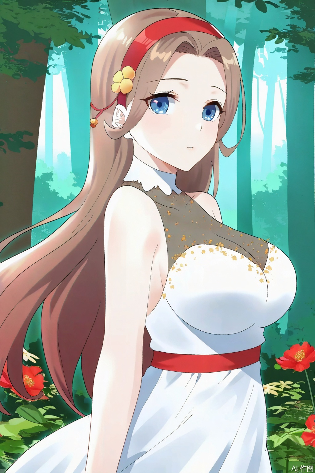 1girl,solo,long hair, breasts, blue eyes, large breasts, brown hair, hair ornament,  bare shoulders, flower, hairband, sleeveless, white dress,  sleeveless dress, red flower, red hairband,upper body,looking at viewer,Forest,Forest,