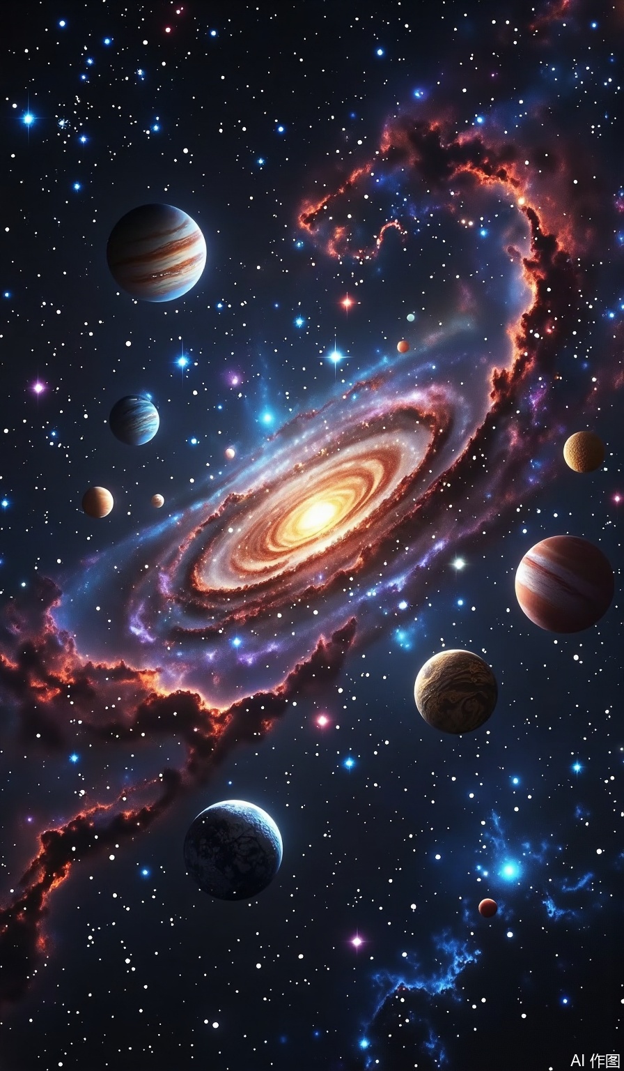 With the deep universe as the background, it is covered with twinkling stars with changes in light and darkness, creating a vast atmosphere. It clearly presents many planets of different shapes, with woody planets with rich details, and planets with unique surface textures; adds bright stars that emit dazzling light, and arranges vortex galaxies that show the spiral arms and core halo structures, embellishing nebula with red and blue gradient colors like flames. It adopts a combination of realistic and dreamy style, realistic shapes celestial materials, light and shadow, and uses color rendering to add a sense of dreamy feeling, similar to the science fiction concept art style. Use the central divergent composition, with the center in the upper part in the center, the main galaxy is the visual core, the planets distributed in the lower part and the two sides form a circumference and echo. Nebula and stars fill the gaps and balance composition, strengthen the vastness and sense of layering of the universe