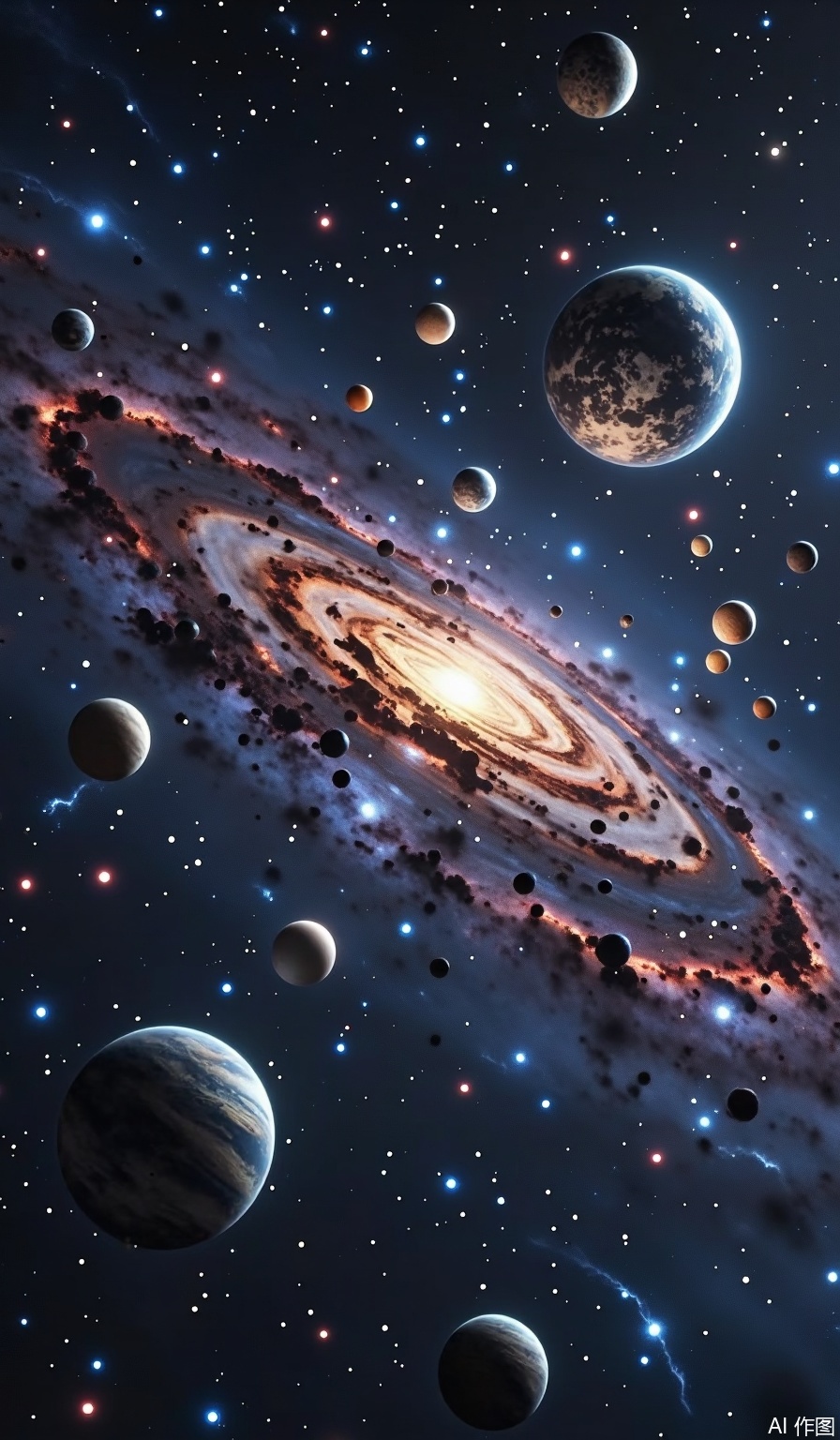 With the deep universe as the background, it is covered with twinkling stars with changes in light and darkness, creating a vast atmosphere. It clearly presents many planets of different shapes, with woody planets with rich details, and planets with unique surface textures; adds bright stars that emit dazzling light, and arranges vortex galaxies that show the spiral arms and core halo structures, embellishing nebula with red and blue gradient colors like flames. It adopts a combination of realistic and dreamy style, realistic shapes celestial materials, light and shadow, and uses color rendering to add a sense of dreamy feeling, similar to the science fiction concept art style. Use the central divergent composition, with the center in the upper part in the center, the main galaxy is the visual core, the planets distributed in the lower part and the two sides form a circumference and echo. Nebula and stars fill the gaps and balance composition, strengthen the vastness and sense of layering of the universe