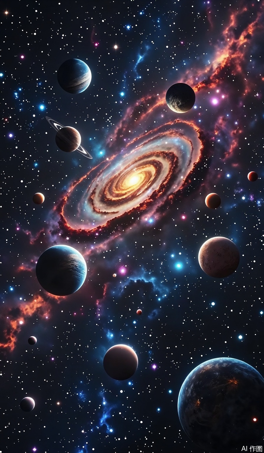 With the deep universe as the background, it is covered with twinkling stars with changes in light and darkness, creating a vast atmosphere. It clearly presents many planets of different shapes, with woody planets with rich details, and planets with unique surface textures; adds bright stars that emit dazzling light, and arranges vortex galaxies that show the spiral arms and core halo structures, embellishing nebula with red and blue gradient colors like flames. It adopts a combination of realistic and dreamy style, realistic shapes celestial materials, light and shadow, and uses color rendering to add a sense of dreamy feeling, similar to the science fiction concept art style. Use the central divergent composition, with the center in the upper part in the center, the main galaxy is the visual core, the planets distributed in the lower part and the two sides form a circumference and echo. Nebula and stars fill the gaps and balance composition, strengthen the vastness and sense of layering of the universe