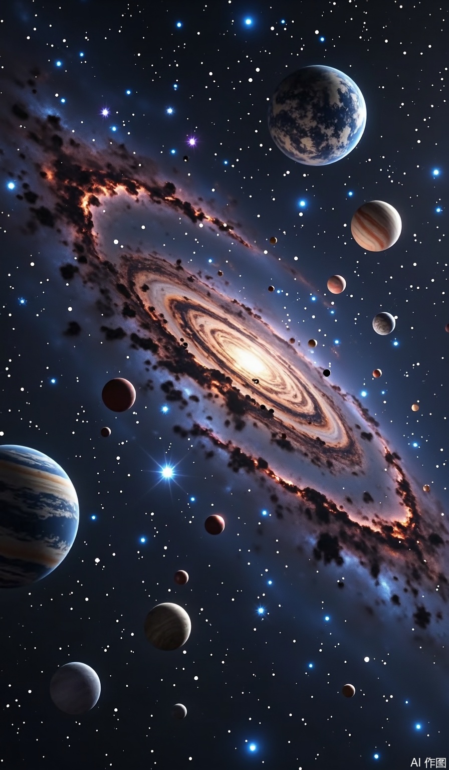 With the deep universe as the background, it is covered with twinkling stars with changes in light and darkness, creating a vast atmosphere. It clearly presents many planets of different shapes, with woody planets with rich details, and planets with unique surface textures; adds bright stars that emit dazzling light, and arranges vortex galaxies that show the spiral arms and core halo structures, embellishing nebula with red and blue gradient colors like flames. It adopts a combination of realistic and dreamy style, realistic shapes celestial materials, light and shadow, and uses color rendering to add a sense of dreamy feeling, similar to the science fiction concept art style. Use the central divergent composition, with the center in the upper part in the center, the main galaxy is the visual core, the planets distributed in the lower part and the two sides form a circumference and echo. Nebula and stars fill the gaps and balance composition, strengthen the vastness and sense of layering of the universe