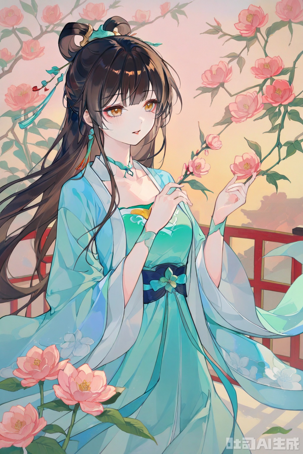 jade,girl,delicate facial features,youthful woman,Hanfu,vibrant warm hues,floral accessories,soft pastel background,,