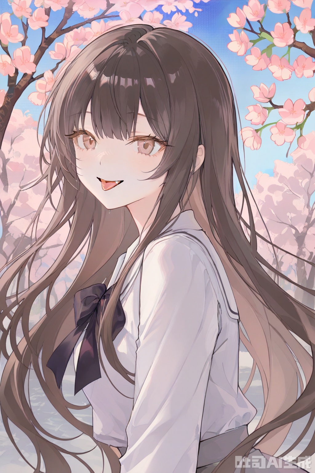 park,sky,day,skirt,bow,long hair, straight hair,smile,tongue out,fang,1girl,upper body,cherry blossoms