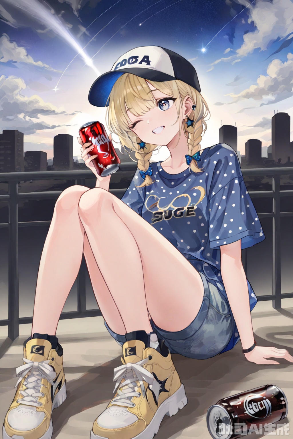  (masterpiece),(best quality),1girl, arm_support, baseball_cap, blonde_hair, blue_eyes, blue_sky, bottle, braid, can, cloud, cloudy_sky, condensation_trail, day, denim, ear_piercing, earrings, fence, hat, heart_print, holding_can, jewelry, leopard_print, long_hair, night, night_sky, one_eye_closed, outdoors, piercing, polka_dot, polka_dot_bow, polka_dot_dress, polka_dot_shirt, polka_dot_skirt, railing, shirt, shoes, shooting_star, short_sleeves, shorts, sitting, sky, smile, sneakers, soda_can, solo, star_\(sky\), star_\(symbol\), star_print, starry_sky, starry_sky_print, teeth
