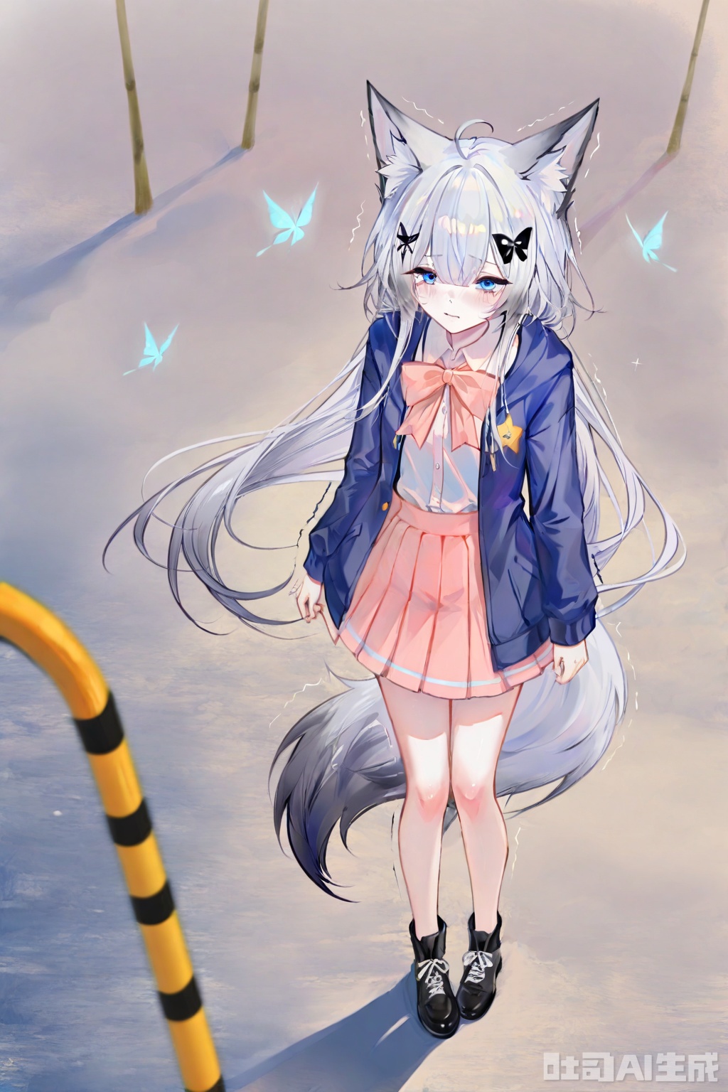 (Masterpiece), (Best Quality), Illustration, Depth of Field, (Color), [Artist: wlop], [[Artist: sheya]], Artist: hitenkei (hitenkei),1girl, solo, long hair, blush, bangs, blue eyes, skirt, shirt, hair ornament, long sleeves, bow, animal ears, very long hair, jacket, tail, full body, white shirt, ahoge, white hair, grey hair, pleated skirt, open clothes, animal ear fluff, fox ears, bell, fox tail, red skirt, trembling, blue jacket, fox girl, jingle bell, pink skirt, hair bellbutterfly, Sadness, Look at the ground,tear
