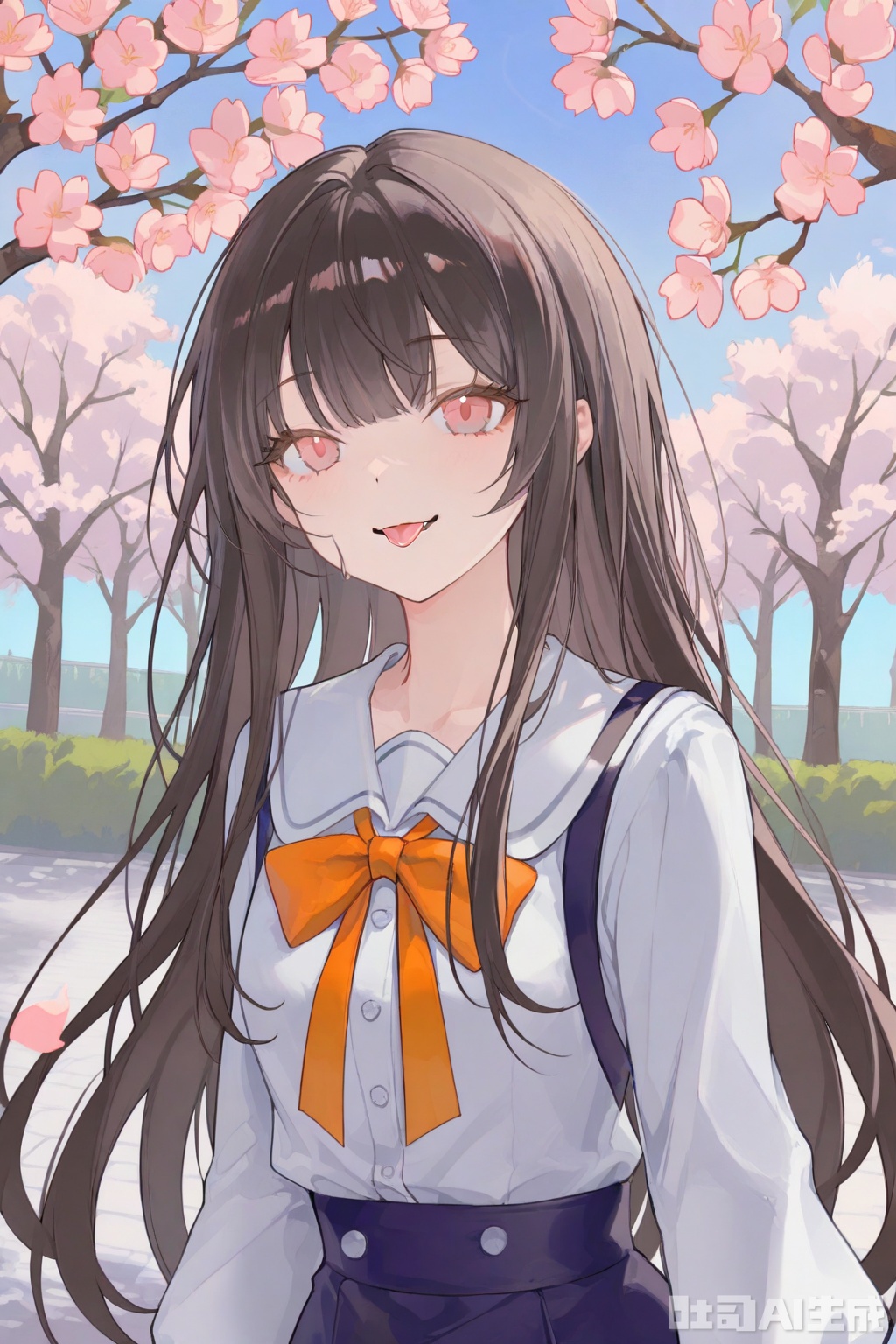park,sky,day,skirt,bow,long hair, straight hair,smile,tongue out,fang,1girl,upper body,cherry blossoms