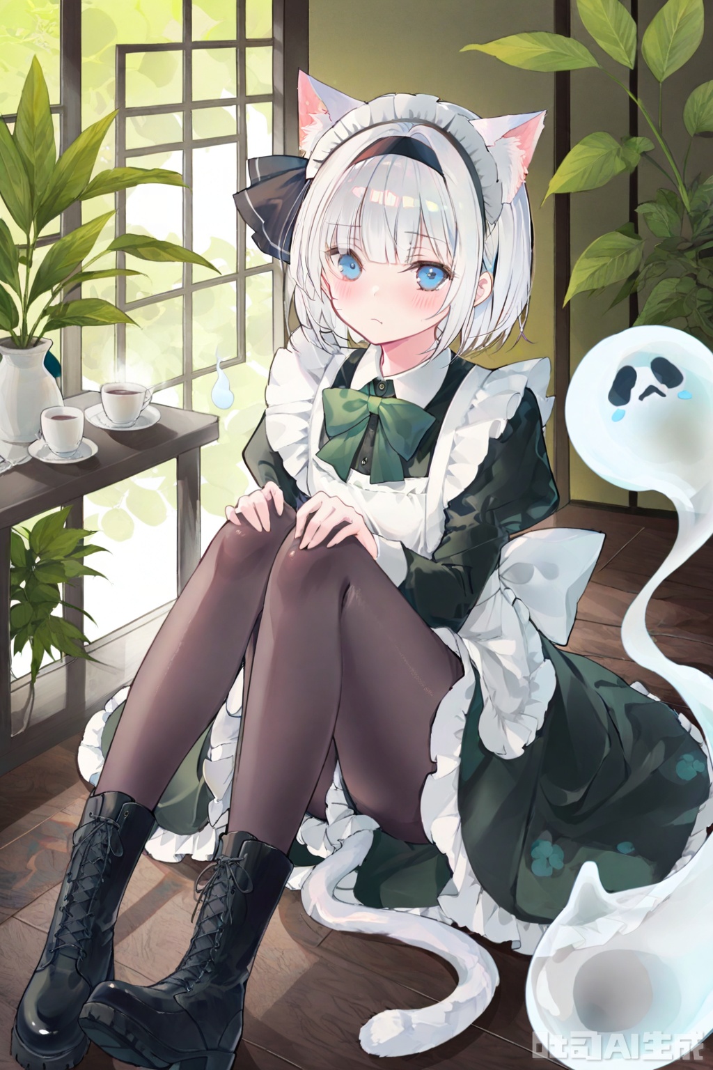  masterpiece,best quality,high quality,(colorful),[Artist miwano rag],[Artist wlop],[Artist chen bin],loli,nai3 Style, 1girl, konpaku youmu, animal ears, pantyhose, cat ears, konpaku youmu (ghost), maid, solo, blue eyes, blush, alternate costume, enmaided, maid headdress, black footwear, short hair, boots, apron, tail, sitting, cat tail, bow, long sleeves, bowtie, closed mouth, maid apron, knees up, kemonomimi mode, frills, cross-laced footwear, black pantyhose, looking at viewer, white hair, black dress, green bow, green bowtie, dress, ghost, animal ear fluff, white apron, extra ears, full body, plant, lace-up boots, hitodama, indoors, ribbon, black hairband, hair ribbon, bob cut, cup, cat girl, hands on own knees, frilled apron