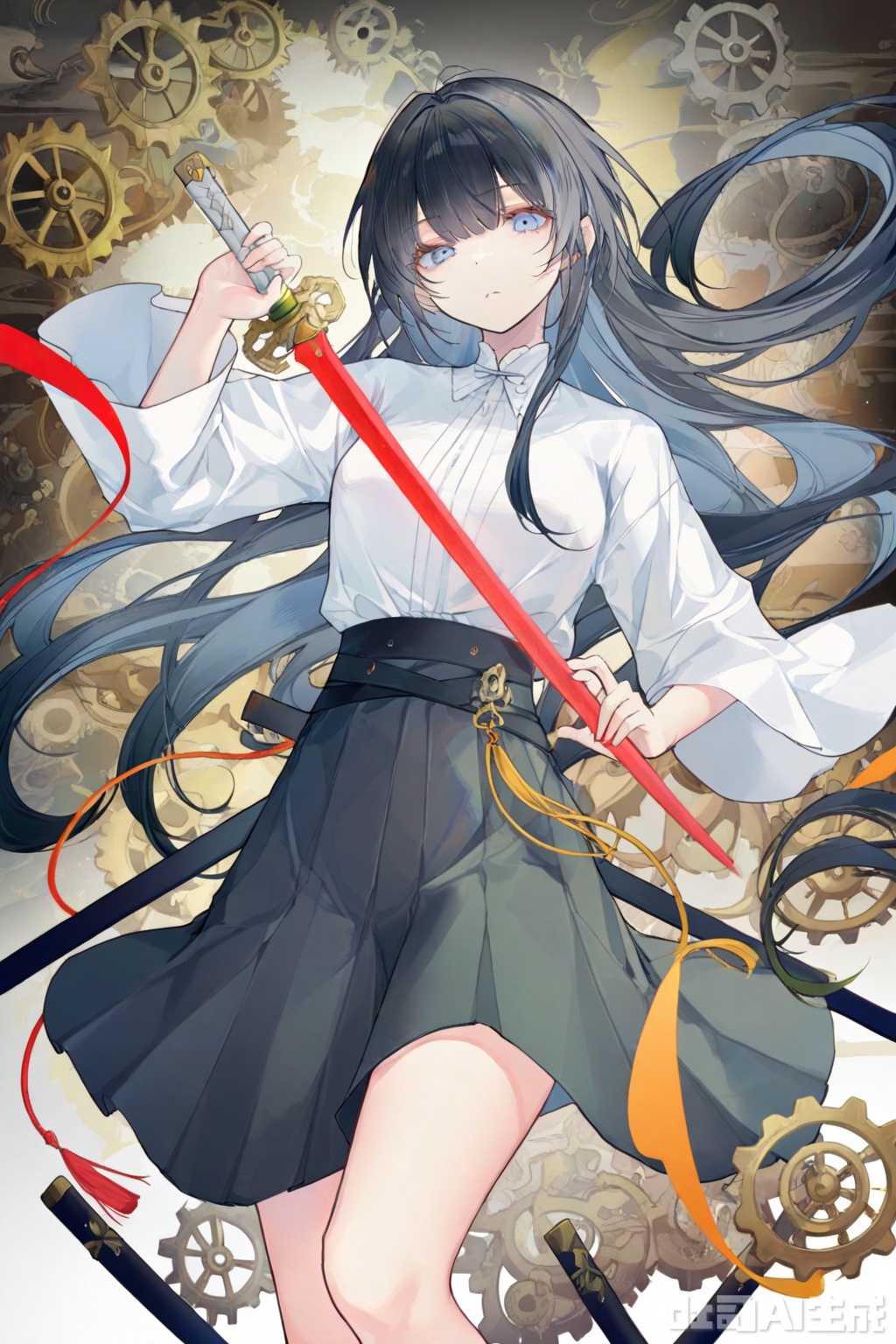  masterpiece,best quality,high quality,(colorful),[Artist onineko],[Artist chen bin],[Artist agwing86],Artist xukong, 1girl, solo, weapon, long hair, blue eyes, holding weapon, sword, holding, holding sword, looking at viewer, black hair, skirt, shirt, white shirt, long sleeves, gears