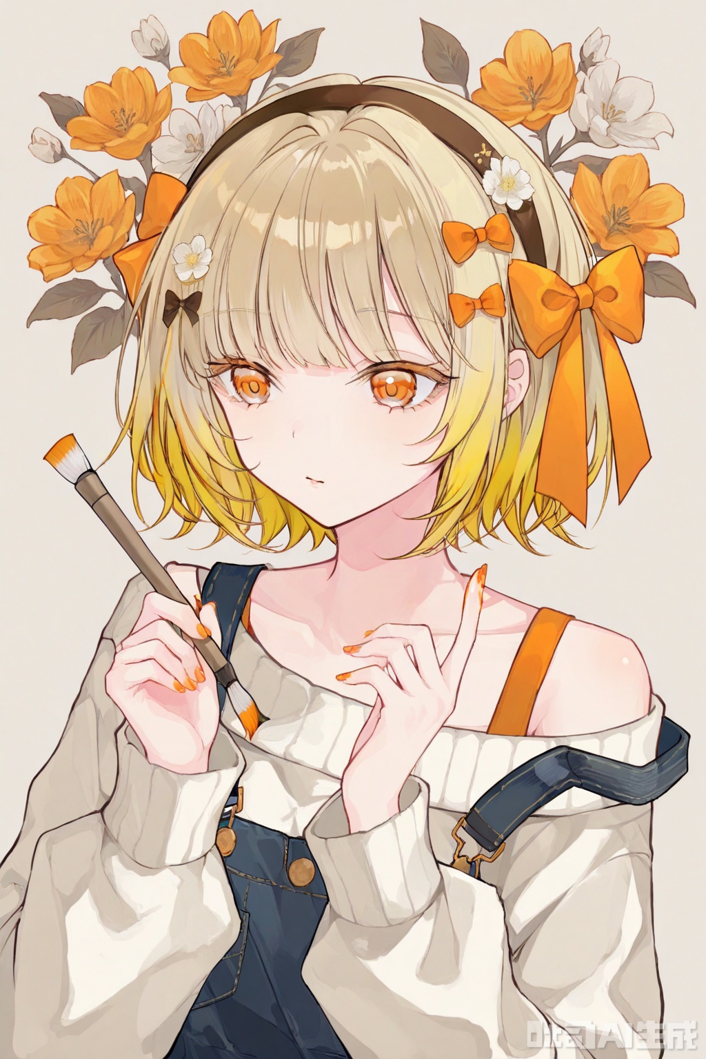 1girl, solo, short hair, bangs, blonde hair, simple background, hair ornament, long sleeves, bow, holding, jacket, upper body, flower, hair bow, hairband, off shoulder, nail polish, sweater, overalls, orange nails, holding paintbrush