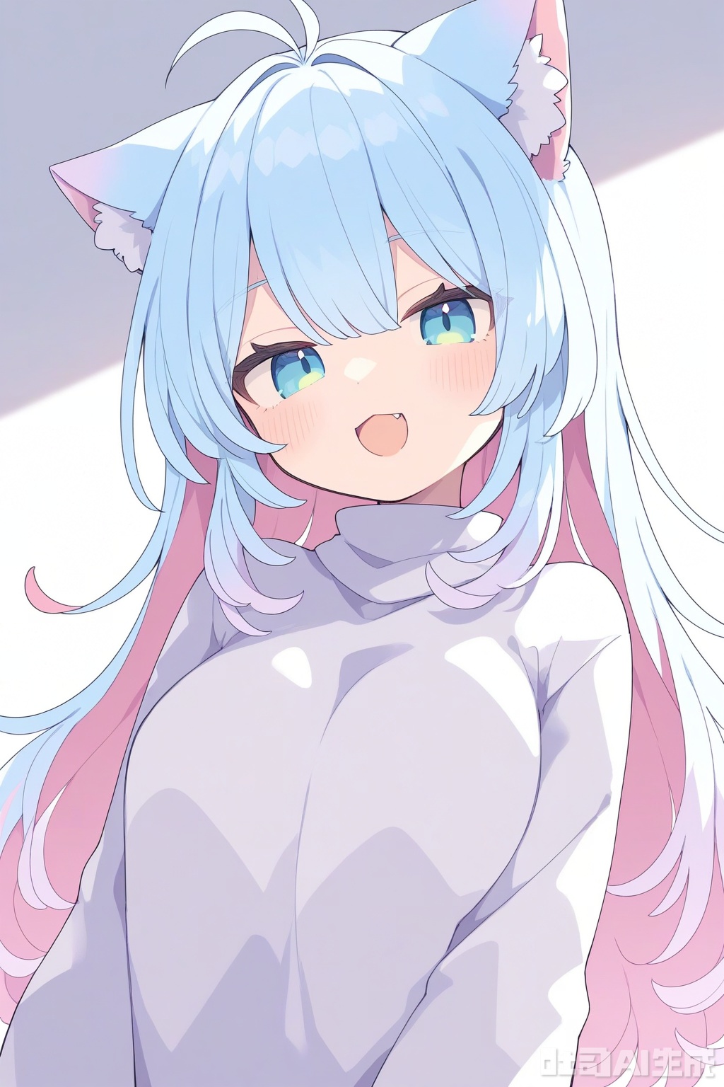 1girl,solo,long hair,breasts,looking at viewer,blush,smile,open mouth,bangs,blue eyes,long sleeves,animal ears,hair between eyes,medium breasts,blue hair,upper body,pink hair,ahoge,white hair,:d,multicolored hair,fang,cat ears,sweater,gradient hair,turtleneck,antenna hair,turtleneck sweater,white sweater,