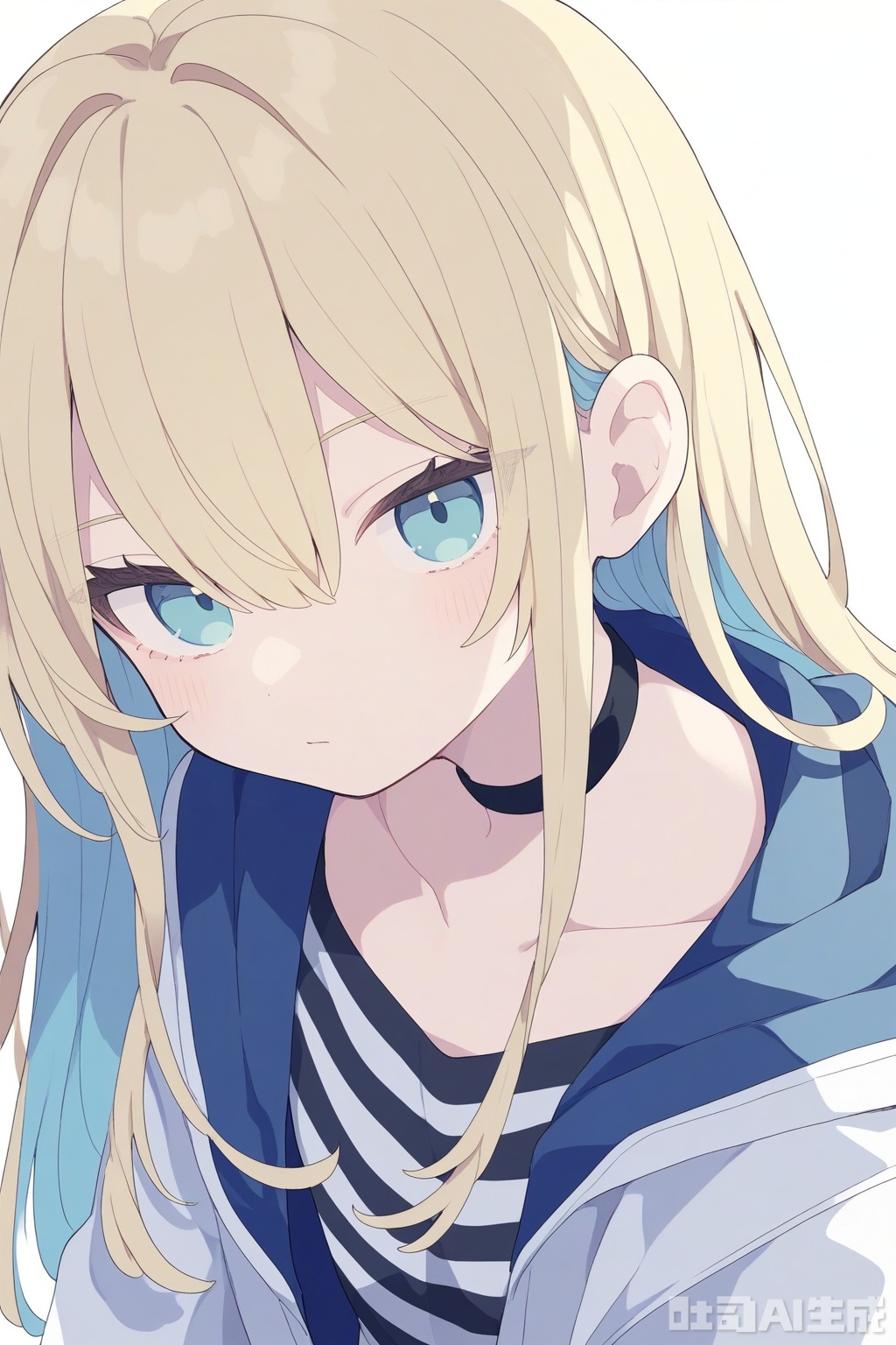 1girl, solo, long hair, blue eyes, blonde hair, shirt, white background, hair between eyes, closed mouth, blue hair, jacket, upper body, open clothes, choker, striped, black choker, white jacket, striped shirt