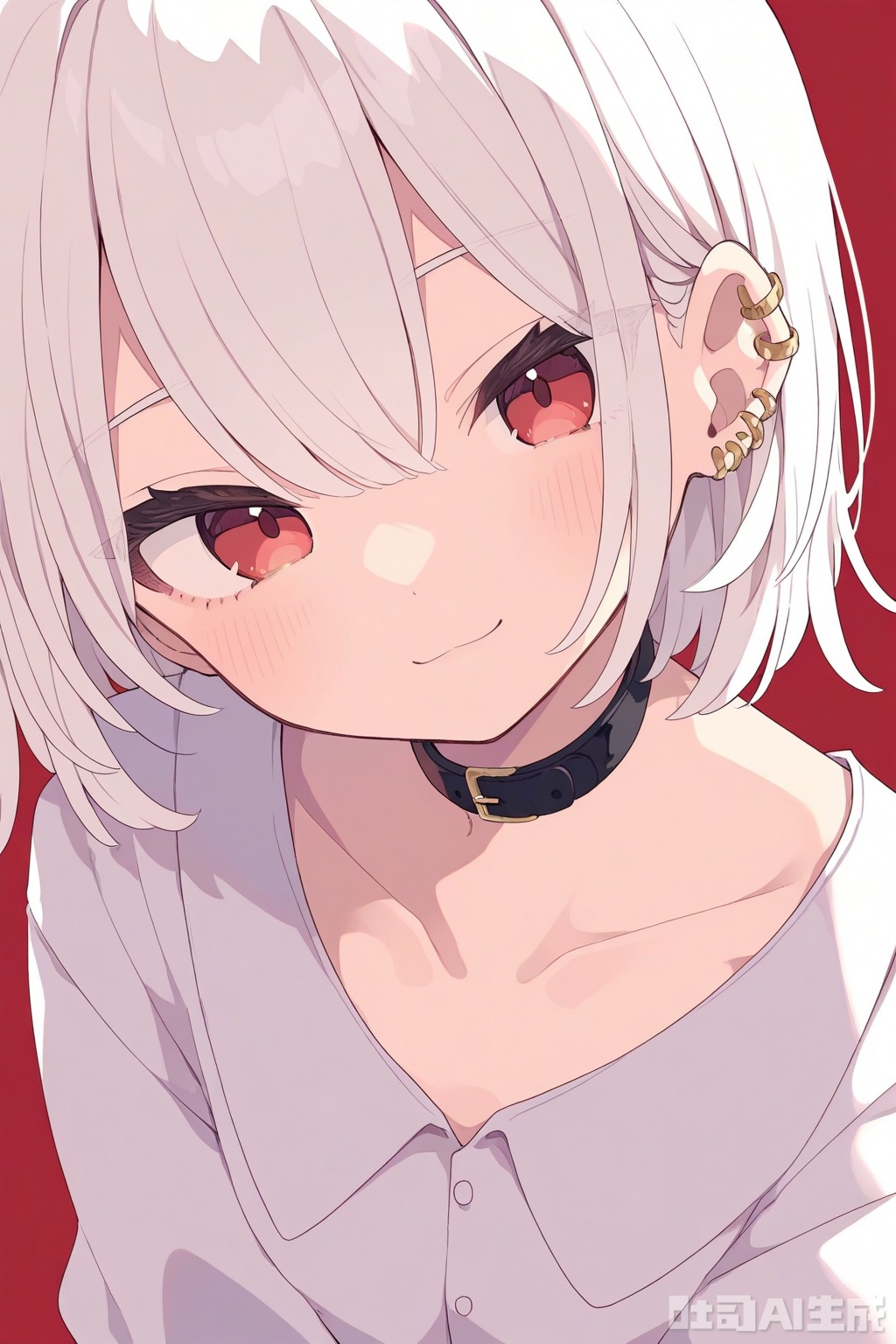 1girl,solo,red background,red eyes,earrings,jewelry,white hair,simple background,looking at viewer,shirt,upper body,short hair,blush,smile,piercing,collar,ear piercing,choker,white shirt,hair between eyes,closed mouth,collarbone,head tilt,long sleeves,red theme,