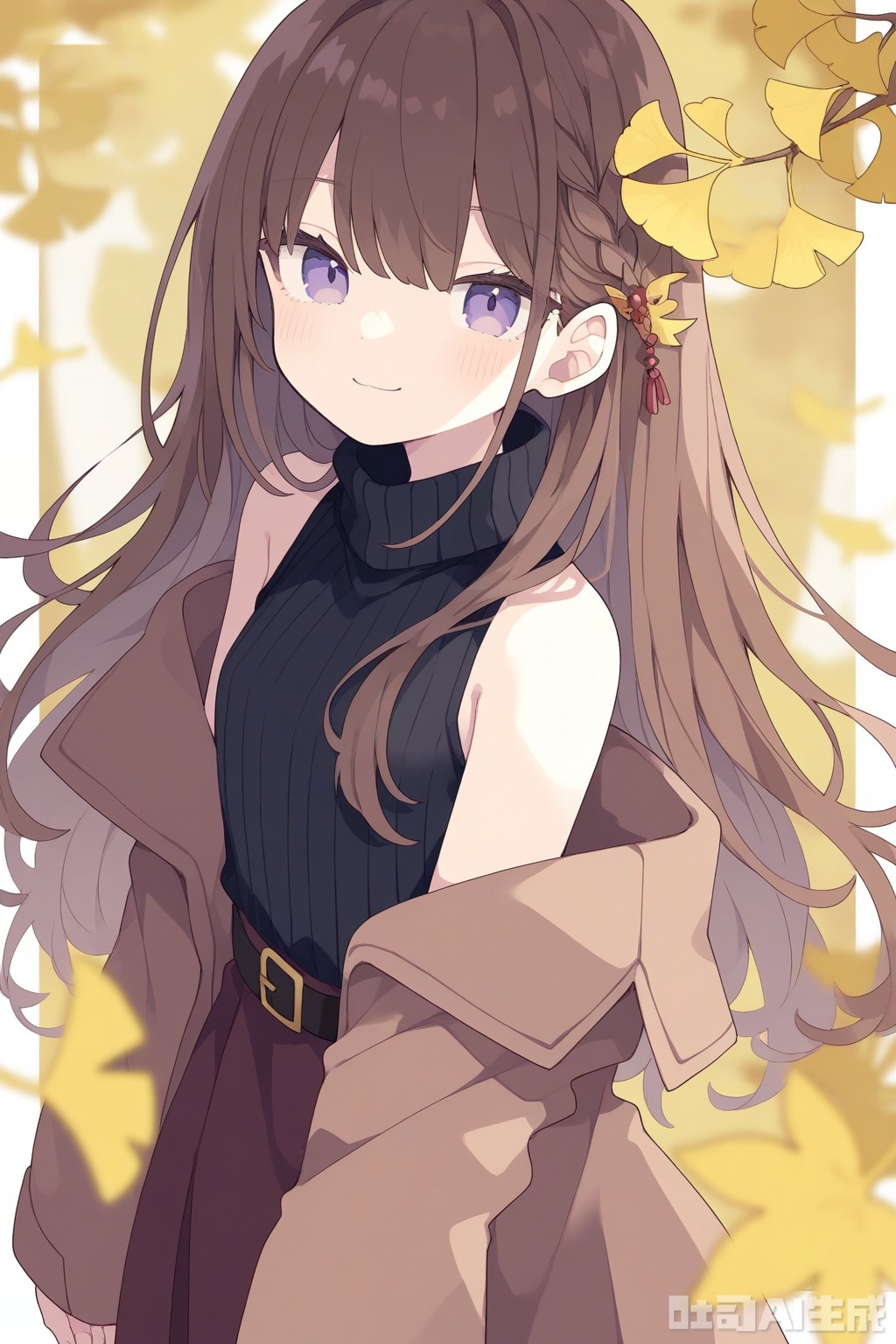 1girl, solo, long hair, looking at viewer, smile, bangs, skirt, brown hair, hair ornament, long sleeves, hair between eyes, bare shoulders, closed mouth, purple eyes, braid, sleeveless, belt, off shoulder, blurry, sweater, coat, turtleneck, leaf, ribbed sweater, autumn leaves, black sweater, brown coat, falling leaves, sleeveless sweater, ginkgo leaf