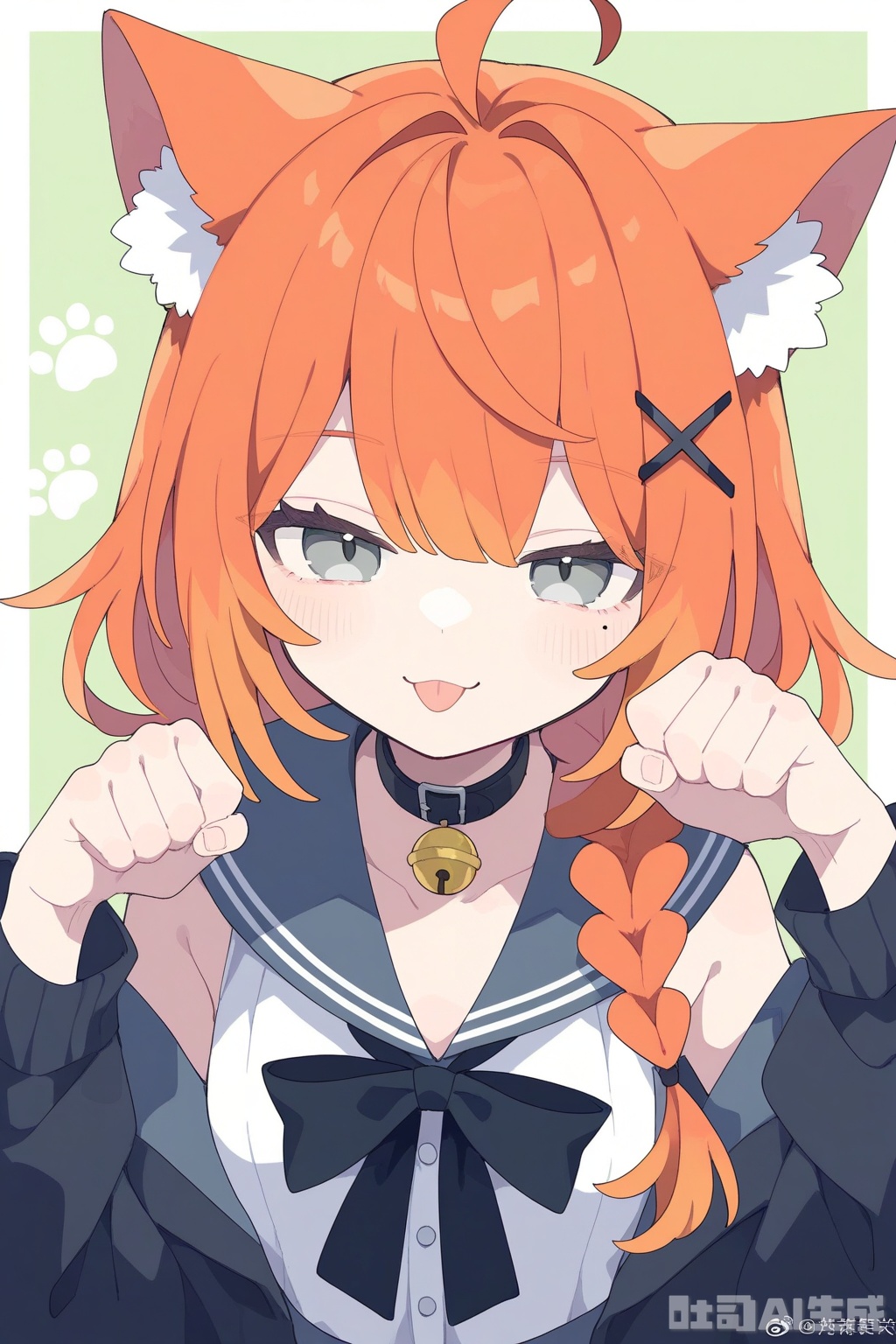 1girl, animal ears, tongue, solo, neck bell, tongue out, bell, hair ornament, sailor collar, green background, paw pose, collar, braid, upper body, looking at viewer, bow, hairclip, multicolored hair, mole under eye, weibo username, collarbone, jacket, hair between eyes, streaked hair, animal ear fluff, sleeveless, shirt, black collar, long hair, white hair, x hair ornament, bowtie, off shoulder, orange hair, blue sailor collar, ahoge, weibo logo, cat ears, black bow, black jacket, long sleeves, mole, open clothes, white shirt, buttons, :p, hair over shoulder, single braid, sleeveless shirt, eyelashes, choker, simple background, open jacket, black bowtie, bare shoulders, white border, hands up, grey sailor collar, breasts, black choker, jacket partially removed, half-closed eyes, jingle bell, two-tone background, grey eyes, virtual youtuber
