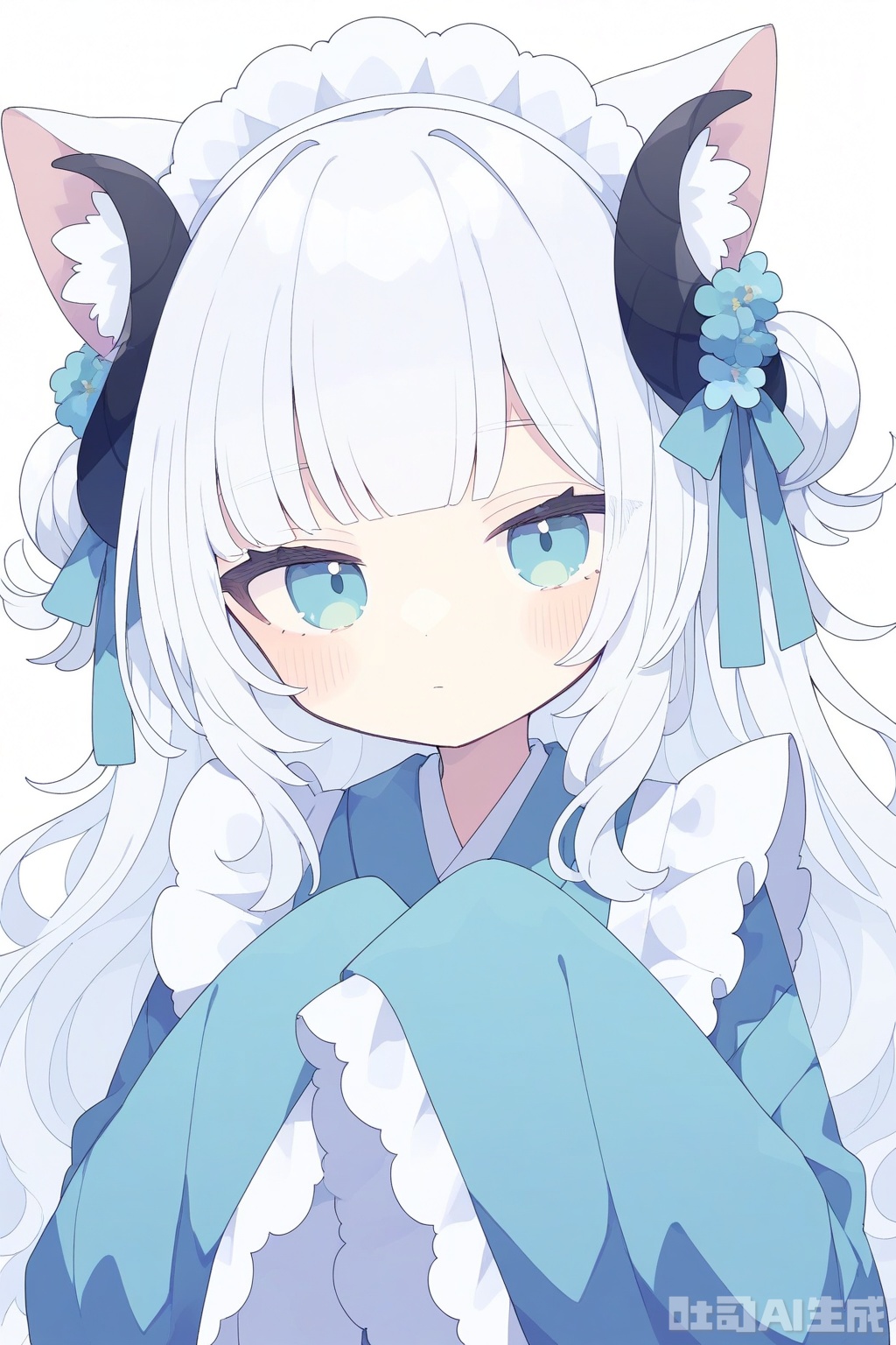 1girl, solo, long hair, looking at viewer, blush, bangs, blue eyes, simple background, long sleeves, white background, animal ears, closed mouth, upper body, white hair, frills, japanese clothes, horns, kimono, animal ear fluff, sleeves past wrists, maid headdress, sleeves past fingers
