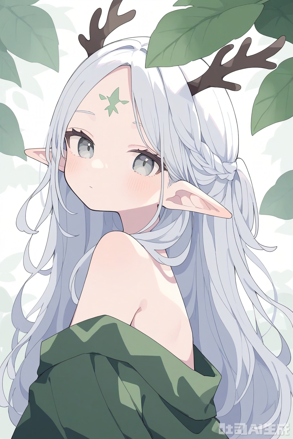 1girl,solo,long hair,looking at viewer,blush,bangs,bare shoulders,upper body,braid,white hair,pointy ears,off shoulder,from side,looking to the side,grey eyes,leaf,facial mark,elf,forehead mark,antlers,