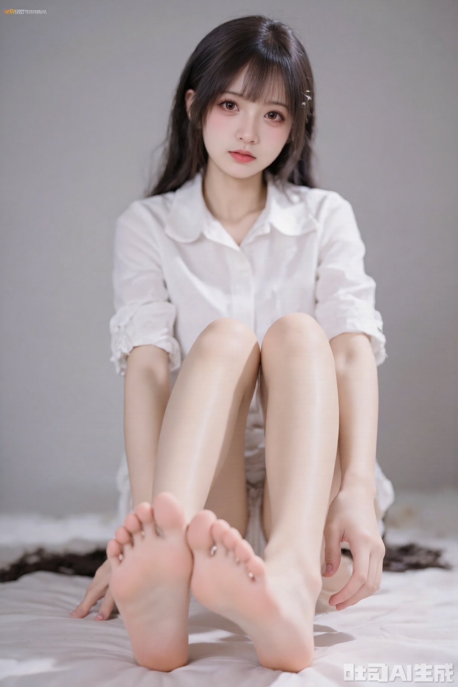 1girl, solo, long hair, looking at viewer, simple background, brown hair, shirt, black hair, brown eyes, sitting, full body, white shirt, short sleeves, barefoot, grey background, feet, lips, bare legs, realistic