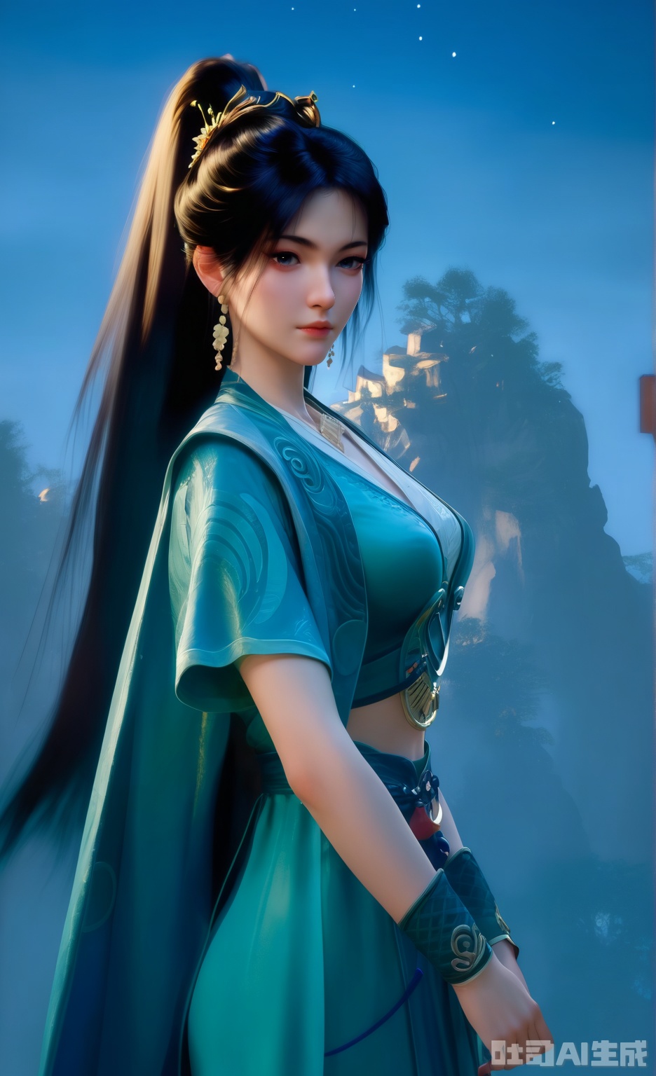 score_9_up,score_8_up,score_7_up,
1girl, solo, long hair, looking at viewer, black hair, hair ornament, dress, jewelry, closed mouth, ponytail, sky, night,