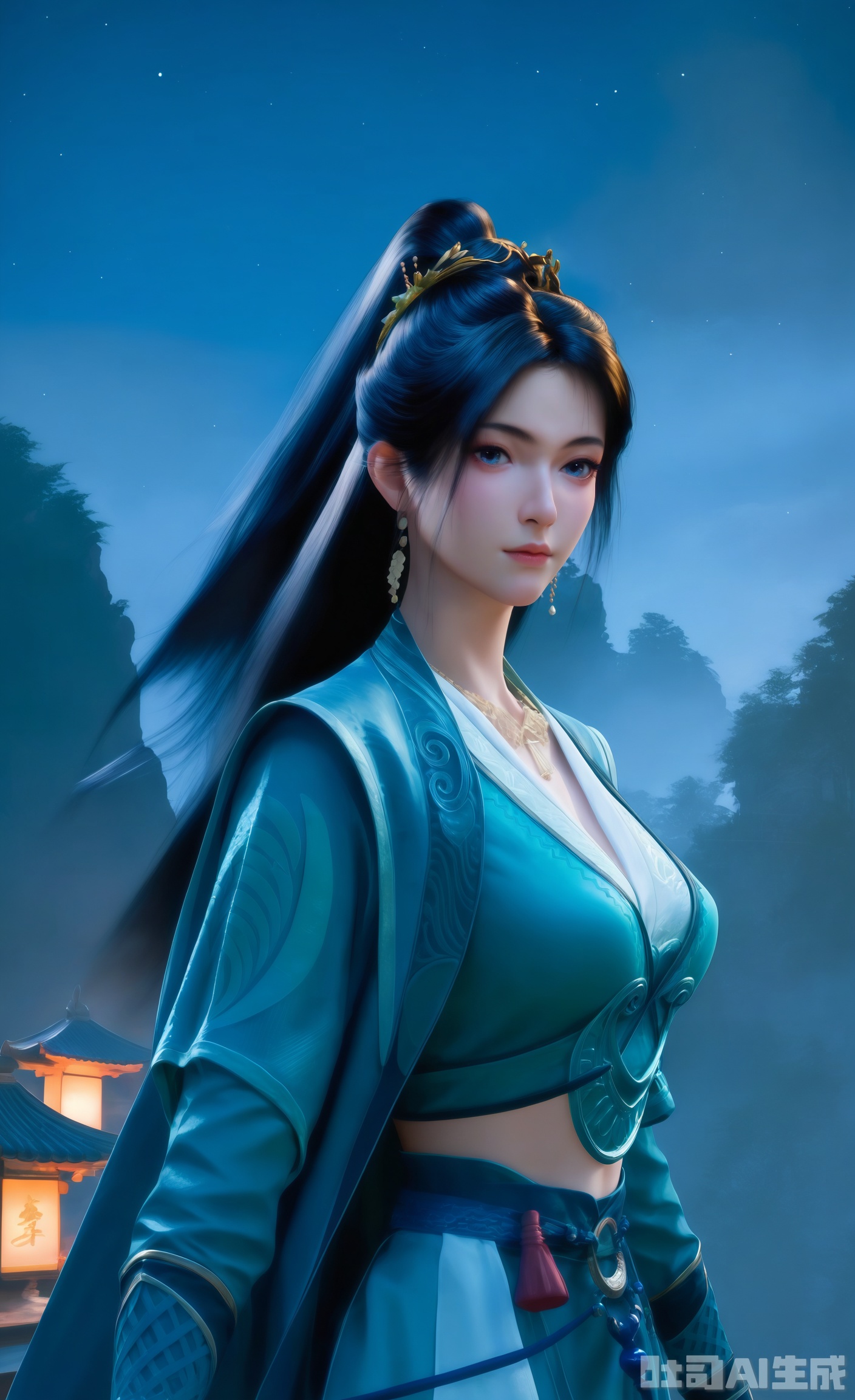 score_9_up,score_8_up,score_7_up,
1girl, solo, long hair, looking at viewer, black hair, hair ornament, dress, jewelry, closed mouth, ponytail, sky, night,