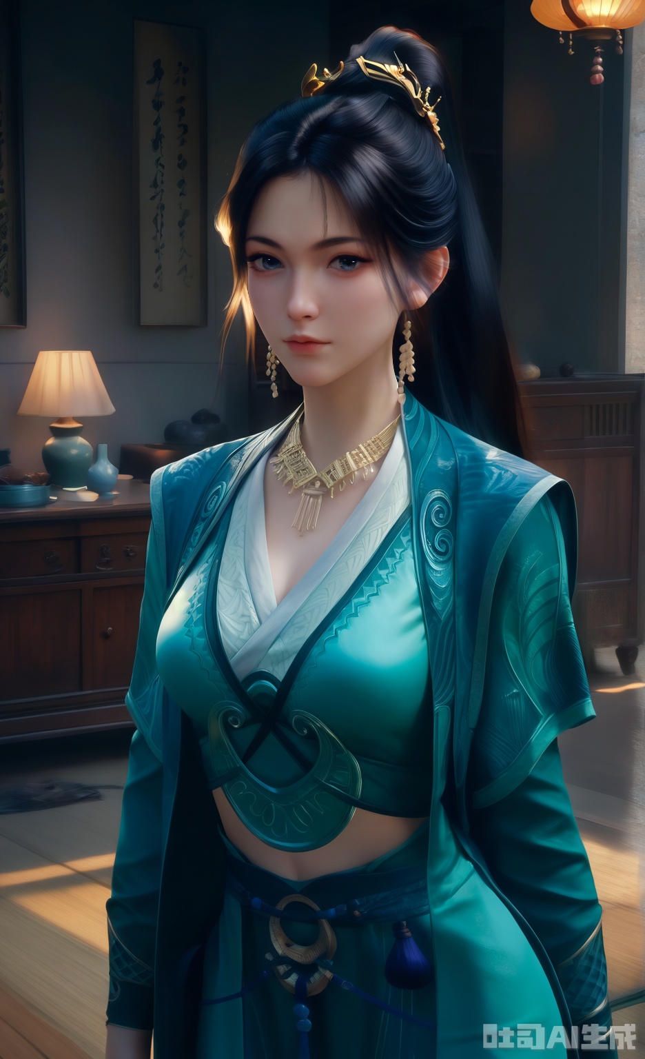 score_9_up,score_8_up,score_7_up,
1girl, solo, long hair, looking at viewer, black hair, hair ornament, dress, jewelry, closed mouth, ponytail, indoors,
