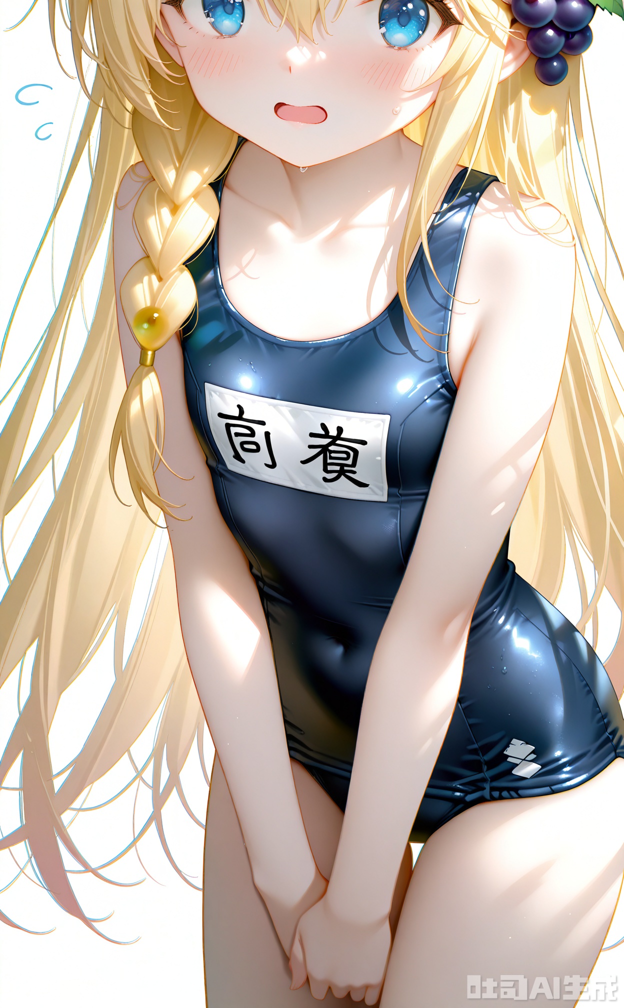 masterpiece,very aware,highres,absurdres,newest,best quality,loli,petite,high quality,chromatic_aberration,White Theme,
//,
loli,iris_(konosuba),1girl, solo, swimsuit, blonde hair, long hair, white background, blue eyes, one-piece swimsuit, braid, school swimsuit, old school swimsuit, flying sweatdrops, grapes, hair ornament, simple background, covered navel, collarbone, open mouth, blush, hair between eyes, very long hair, bare arms, bare shoulders, single braid, name tag, looking at viewer, black one-piece swimsuit, food-themed hair ornament, jaggy lines, fruit, own hands together, cowboy shot, food, side braid, v arms
//,
photorealistic,Artist:na-ga,(quasarcake:0.2),(wanke:0.9),[Artist:chen bin],Artist:tidsean,[Artist:sk (askzy)],(artist:tokkyu:0.5),(artist:momoko (momopoco):0.5),Artist:himitsu_(hi_mi_tsu_2),