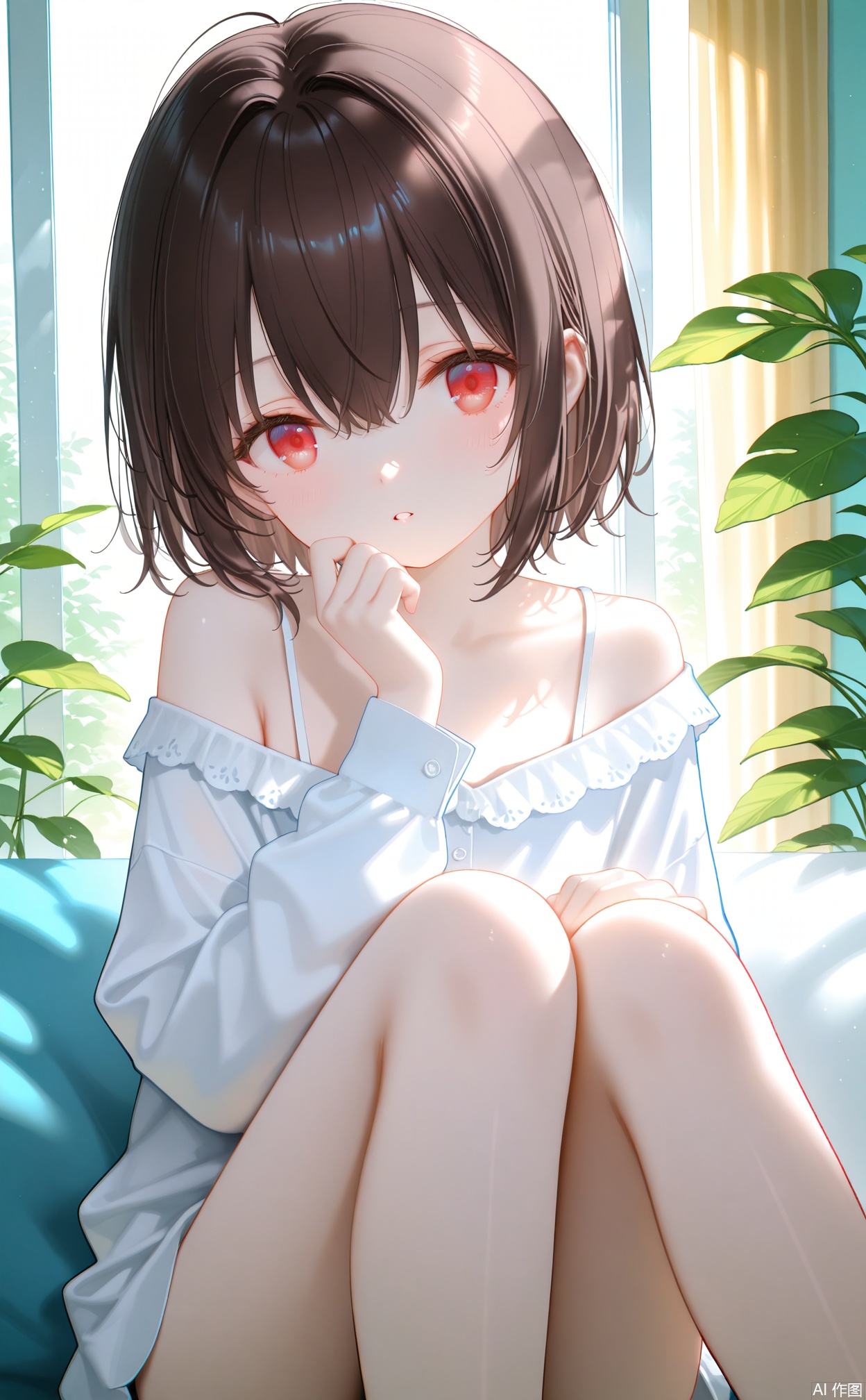 masterpiece,very aware,highres,absurdres,newest,best quality,loli,petite,high quality,chromatic_aberration,
//,
1girl,solo,window,red_eyes,looking_at_viewer,brown_hair,sitting,curtains,indoors,shirt,long_sleeves,knees_up,off_shoulder,short_hair,bare_legs,bare_shoulders,white_shirt,parted_lips,sunlight,hair_between_eyes,day,feet_out_of_frame,plant,backlighting,
//,
photorealistic,Artist:na-ga,(quasarcake:0.2),(wanke:0.9),[Artist:chen bin],Artist:tidsean,[Artist:sk (askzy)],(artist:tokkyu:0.5),(artist:momoko (momopoco):0.5),Artist:himitsu_(hi_mi_tsu_2),
//,
,,,,