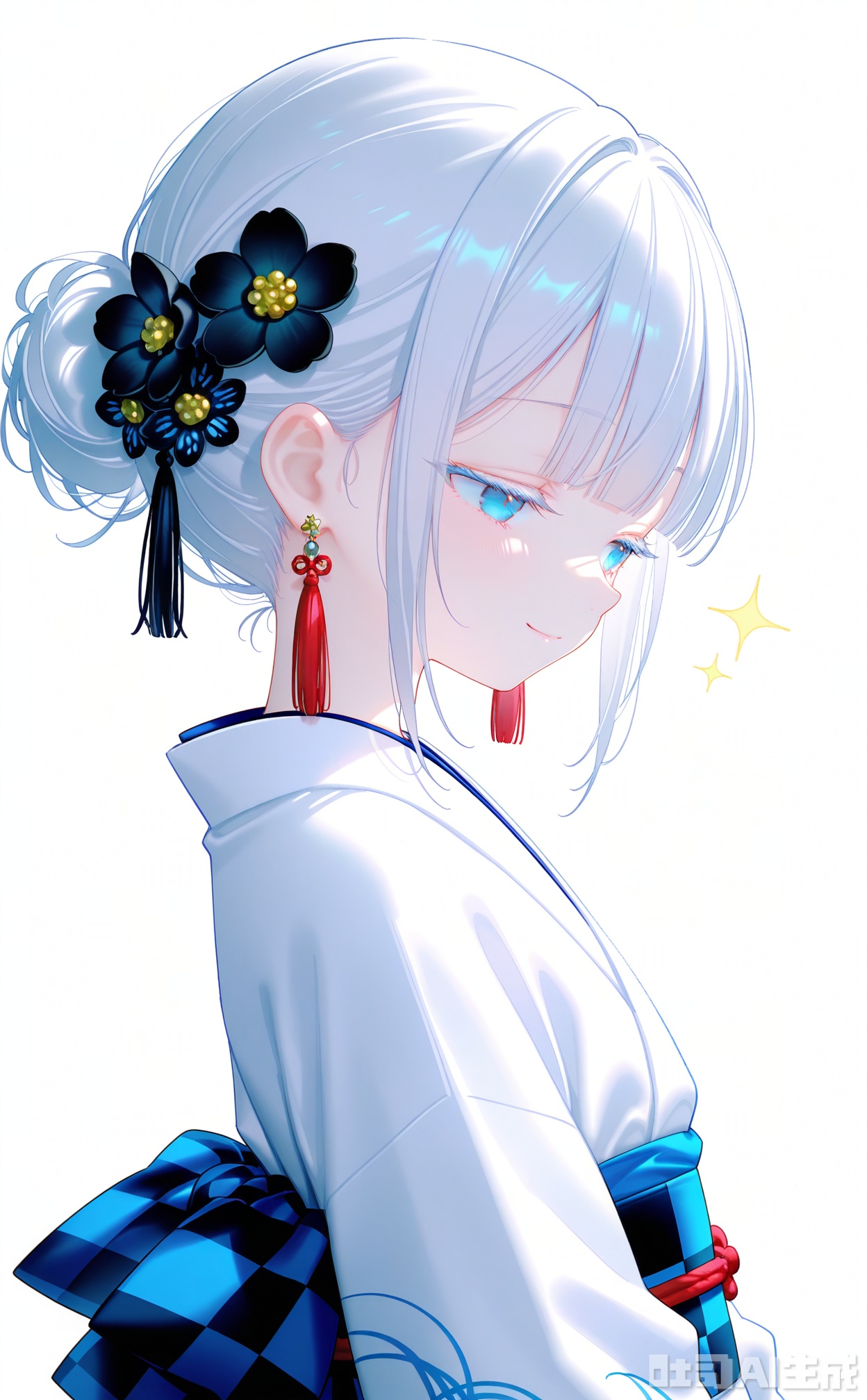masterpiece,very aware,highres,absurdres,newest,best quality,loli,petite,high quality,
//,
1girl,solo,japanese clothes,kimono,flower,hair ornament,white background,jewelry,white kimono,hair flower,earrings,blue eyes,sash,tassel,obi,black flower,simple background,smile,upper body,back bow,tassel earrings,white hair,sparkle,closed mouth,from side,bow,lace trim,colored eyelashes,black bow,short hair,frills,looking to the side,hair bun,half-closed eyes,blunt bangs,sidelocks,checkered bow,
//,
//,
photorealistic,Artist:na-ga,(quasarcake:0.2),(wanke:0.9),[Artist:chen bin],Artist:tidsean,[Artist:sk (askzy)],(artist:tokkyu:0.5),(artist:momoko \(momopoco\):0.5),himitsu_(hi_mi_tsu_2),