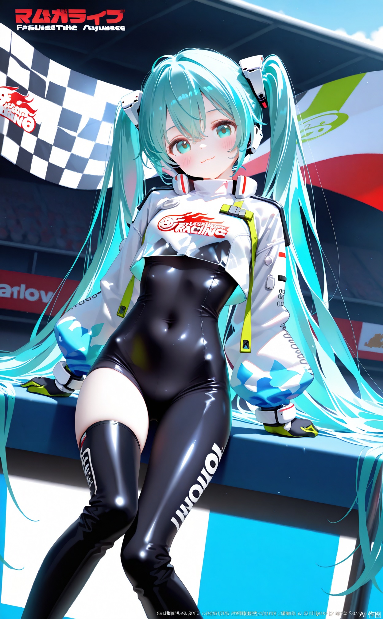 masterpiece,best quality,high quality,loli,(artist:ningen_mame:0.9),(artist:sho_(sho_lwlw):0.9),(artist:rhasta:0.9),(artist:wlop:0.7),(artist:ke-ta:0.6),Artist himitsu_\(hi_mi_tsu_2\),(tianliang duohe fangdongye:0.5),(hiten \(hitenkei\):0.6), solo, 1girl, hatsune_miku, racing_miku, solo, gloves, bodysuit, long_hair, aqua_hair, twintails, black_bodysuit, covered_navel, looking_at_viewer, very_long_hair, crop_top_overhang, smile, black_gloves, thighhighs, aqua_eyes, cropped_jacket, long_sleeves, :3, closed_mouth, single_thighhigh, jacket, white_jacket, hair_between_eyes, crop_top, multicolored_hair, smiley_face, race_queen, flame_print, two-tone_gloves, logo, clothes_writing, hand_up, breasts, black_thighhighs, single_thigh_boot, head_tilt, bodysuit_under_clothes, skin_tight, blush, thigh_boots, feet_out_of_frame