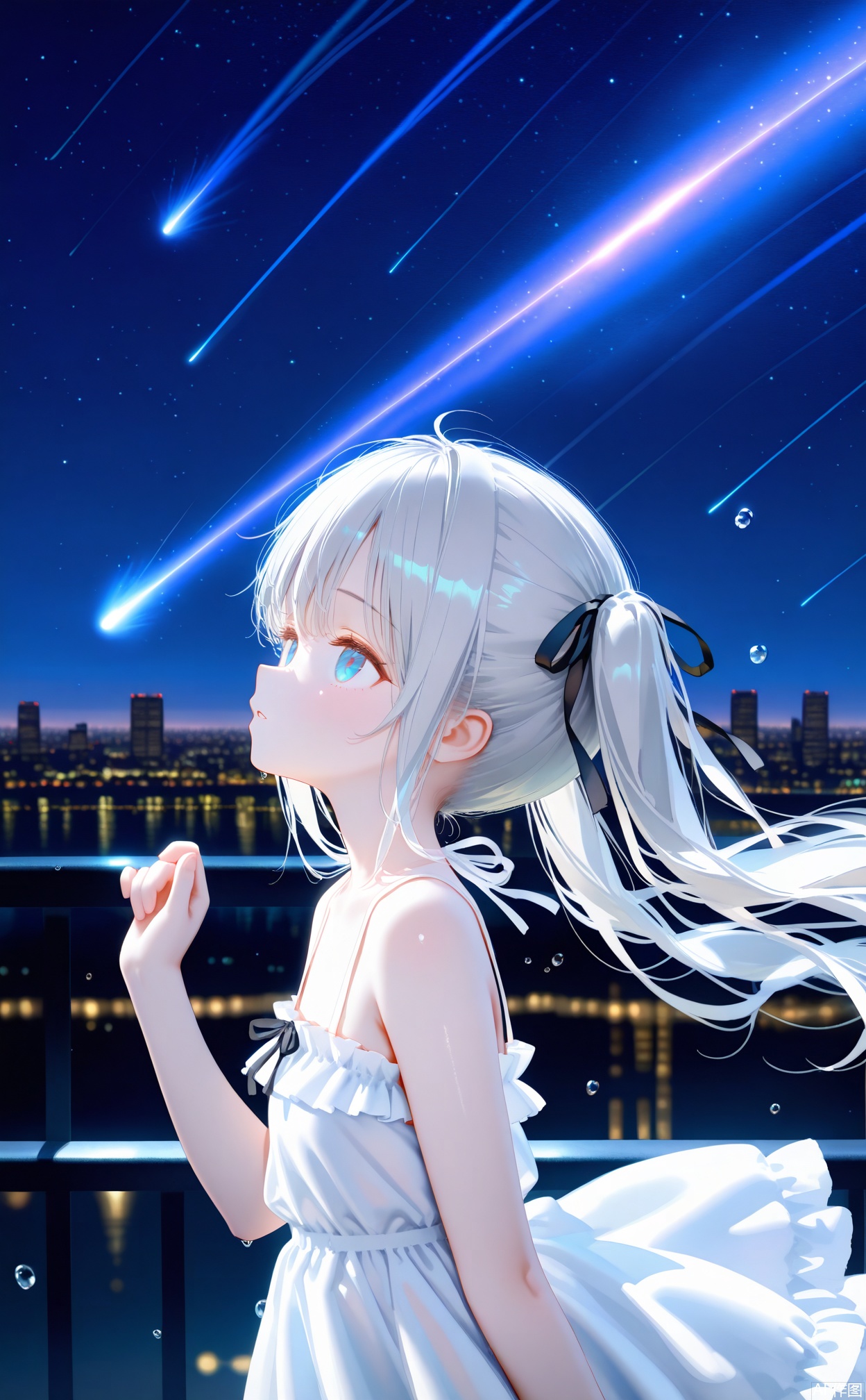masterpiece,very aware,highres,absurdres,newest,best quality,high quality,loli,petite,chromatic_aberration, //, 1girl, solo, dress, night, long hair, sleeveless, blue eyes, white dress, sleeveless dress, twintails, looking up, sky, ribbon, night sky, hair ribbon, floating hair, outdoors, black ribbon, city lights, white hair, cityscape, shooting star, building, blurry, frills, parted lips, from side, water drop, hand up, bare arms, meteor shower, skyline, frilled dress, city, grey hair, star (sky), railing, bare shoulders, blurry background, skyscraper, upper body, profile, starry sky //, (artist:ningen_mame:0.9),(artist:sho_(sho_lwlw):0.9),(artist:rhasta:0.9),(artist:wlop:0.7),(artist:ke-ta:0.6),Artist himitsu_\(hi_mi_tsu_2\),(tianliang duohe fangdongye:0.5),(hiten \(hitenkei\):0.6), //, official art,depth of field,detailed light,blurry background,best shadow,shiny skin,cinematic lighting,ray tracing, amazing quality,very aesthetic,absurdres,beast quality,ultra detailed,newest,8K,HDR,