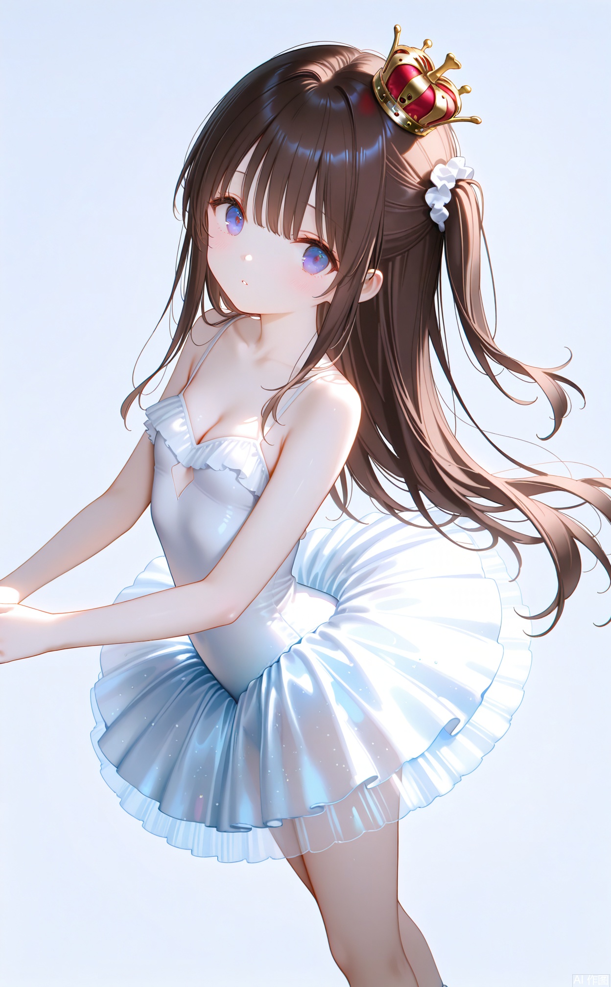masterpiece,very aware,highres,absurdres,newest,best quality,loli,petite,high quality,chromatic_aberration,White Theme,
//,
1girl,tutu,ballerina,solo,breasts,ballet slippers,brown hair,ballet,crown,athletic leotard,looking at viewer,leotard,bare shoulders,collarbone,full body,arched back,see-through,cleavage,mini crown,bangs,small breasts,dress,hair ornament,one side up,blue eyes,simple background,purple eyes,long hair,
//,
photorealistic,Artist:na-ga,(quasarcake:0.2),(wanke:0.9),[Artist:chen bin],Artist:tidsean,[Artist:sk (askzy)],(artist:tokkyu:0.5),(artist:momoko (momopoco):0.5),Artist:himitsu_(hi_mi_tsu_2),
//,
