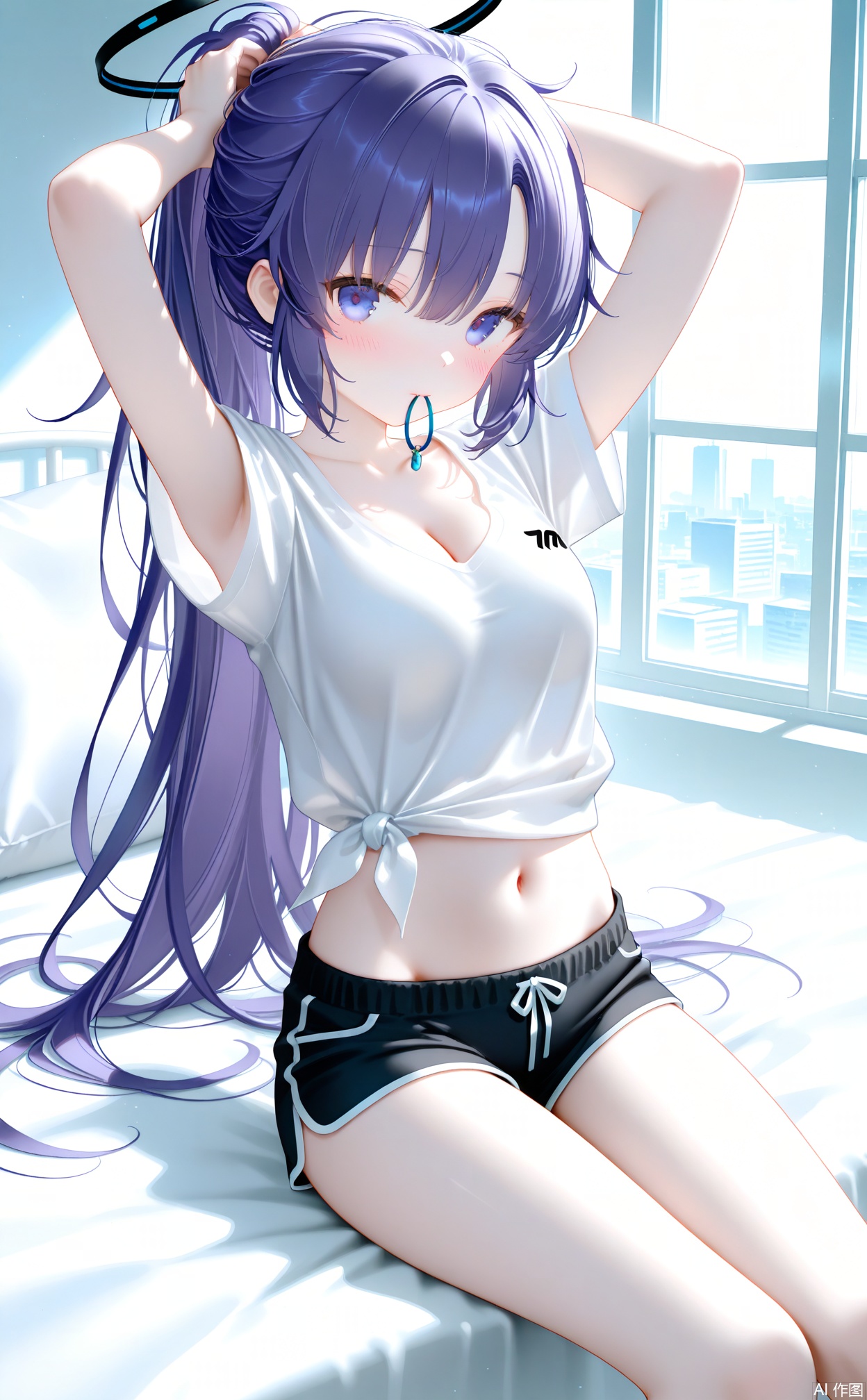 masterpiece,very aware,highres,absurdres,newest,best quality,loli,petite,high quality,chromatic_aberration,White Theme,
//,
1girl, solo, breasts, purple eyes, purple hair, shirt, yuuka (blue archive), halo, tying hair, shorts, black shorts, navel, long hair, cleavage, looking at viewer, white shirt, hair tie in mouth, mechanical halo, mouth hold, ponytail, arms up, thighs, tied shirt, armpits, short sleeves, sitting, alternate costume, stomach, alternate hairstyle, collarbone, short shorts, medium breasts, midriff, adjusting hair, pillow, blush, sidelocks, groin, large breasts, hair tie, black halo, indoors, on bed, very long hair, closed mouth, arms behind head, hair between eyes, armpit peek, window, feet out of frame, bed sheet
//,
photorealistic,Artist:na-ga,(quasarcake:0.2),(wanke:0.9),[Artist:chen bin],Artist:tidsean,[Artist:sk (askzy)],(artist:tokkyu:0.5),(artist:momoko (momopoco):0.5),Artist:himitsu_(hi_mi_tsu_2),