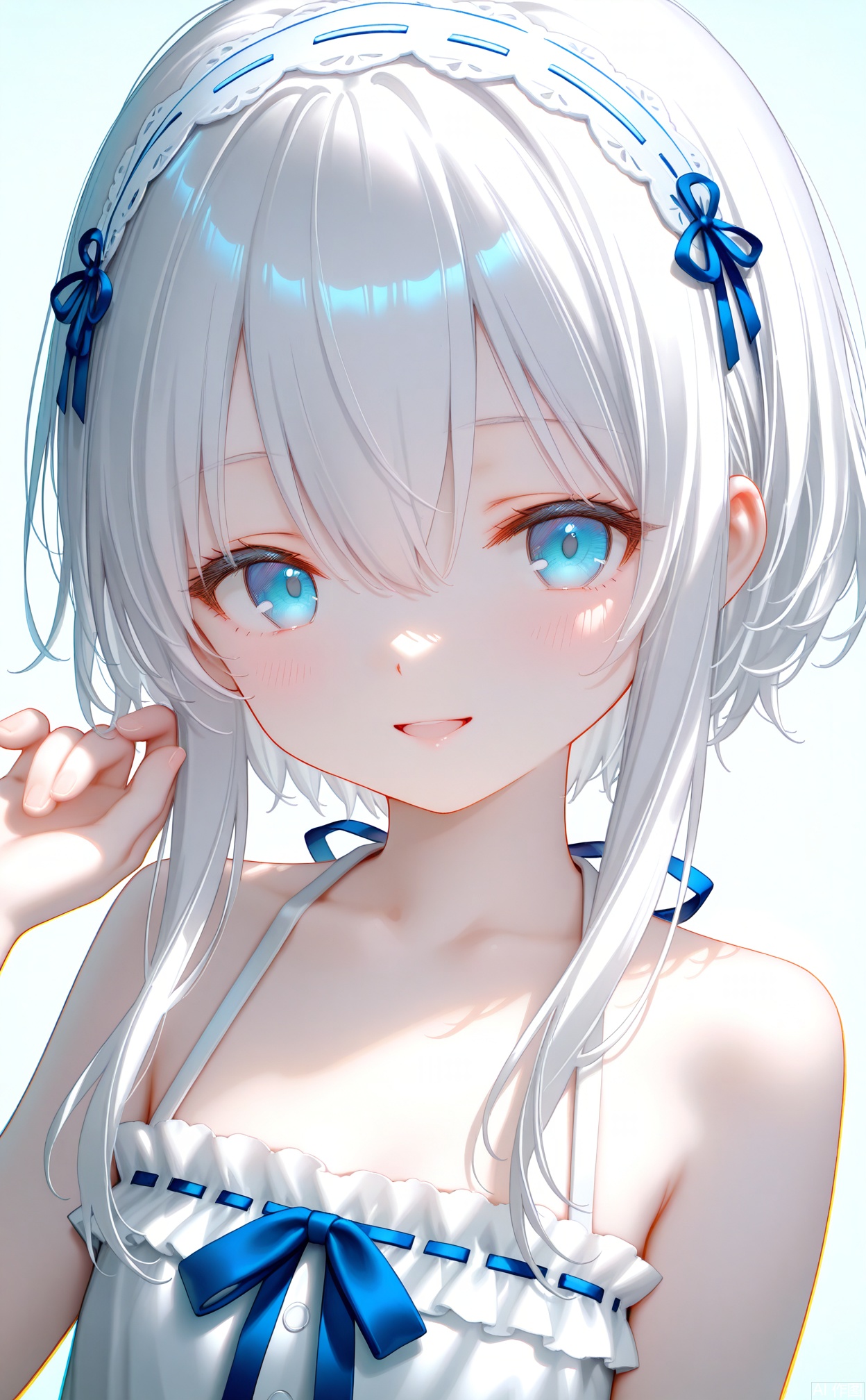 masterpiece,very aware,highres,absurdres,newest,best quality,loli,petite,high quality,chromatic_aberration,White Theme,
//,
1girl,solo,blue_eyes,looking_at_viewer,white_hairband,smile,bare_shoulders,hairband,hair_between_eyes,white_hair,closed_mouth,short_hair_with_long_locks,dress,portrait,upper_body,long_hair,halterneck,white_dress,hand_up,
//,
photorealistic,Artist:na-ga,(quasarcake:0.2),(wanke:0.9),[Artist:chen bin],Artist:tidsean,[Artist:sk (askzy)],(artist:tokkyu:0.5),(artist:momoko (momopoco):0.5),Artist:himitsu_(hi_mi_tsu_2),