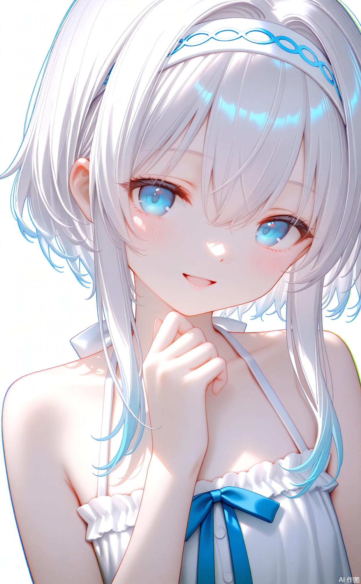 masterpiece,very aware,highres,absurdres,newest,best quality,loli,petite,high quality,chromatic_aberration,White Theme,
//,
1girl,solo,blue_eyes,looking_at_viewer,white_hairband,smile,bare_shoulders,hairband,hair_between_eyes,white_hair,closed_mouth,short_hair_with_long_locks,dress,portrait,upper_body,long_hair,halterneck,white_dress,hand_up,
//,
photorealistic,Artist:na-ga,(quasarcake:0.2),(wanke:0.9),[Artist:chen bin],Artist:tidsean,[Artist:sk (askzy)],(artist:tokkyu:0.5),(artist:momoko (momopoco):0.5),Artist:himitsu_(hi_mi_tsu_2),