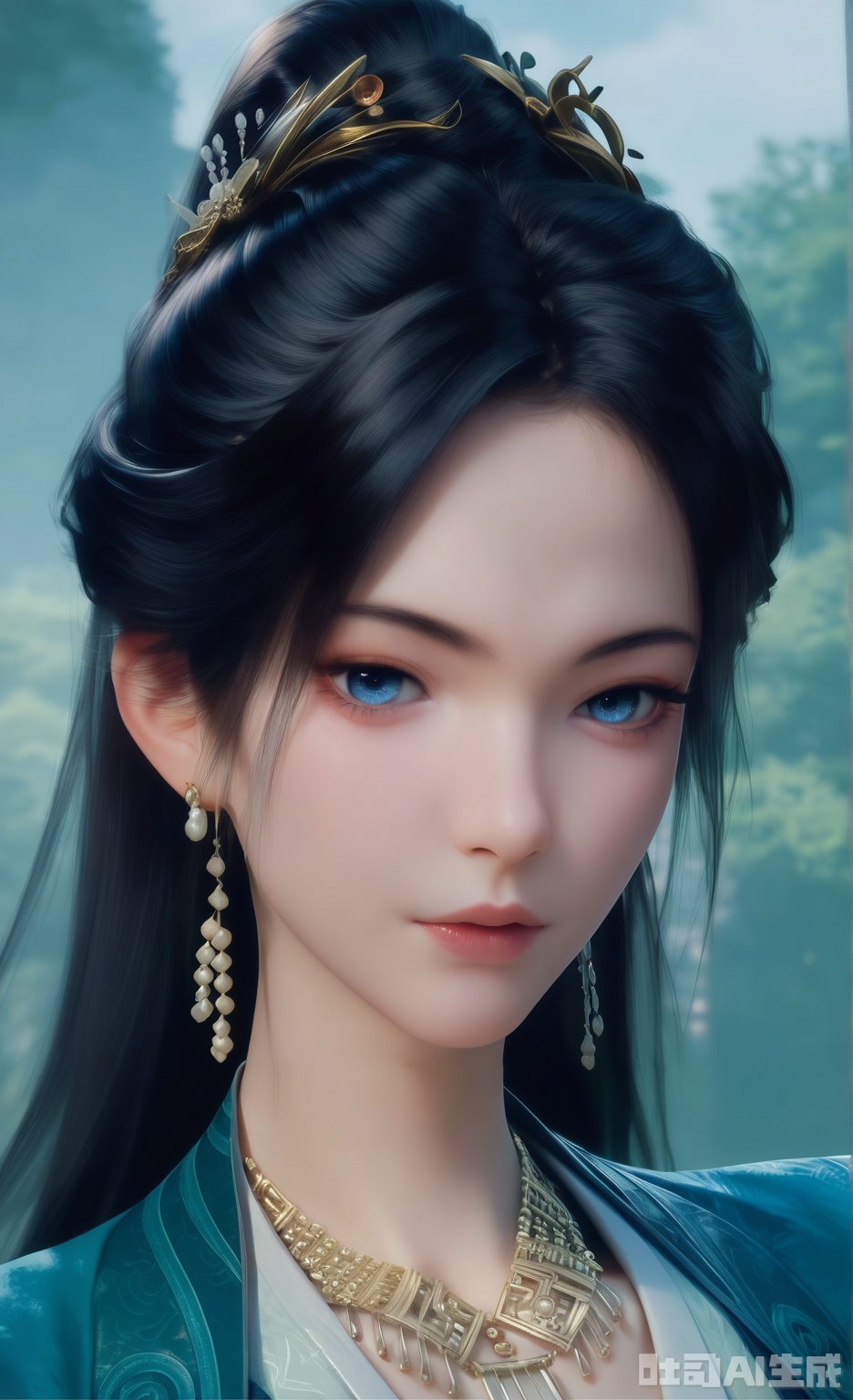 score_9_up,score_8_up,score_7_up,
1girl, solo, blue eyes, black hair, hair ornament, jewelry, earrings, necklace, looking_at_viewer, 