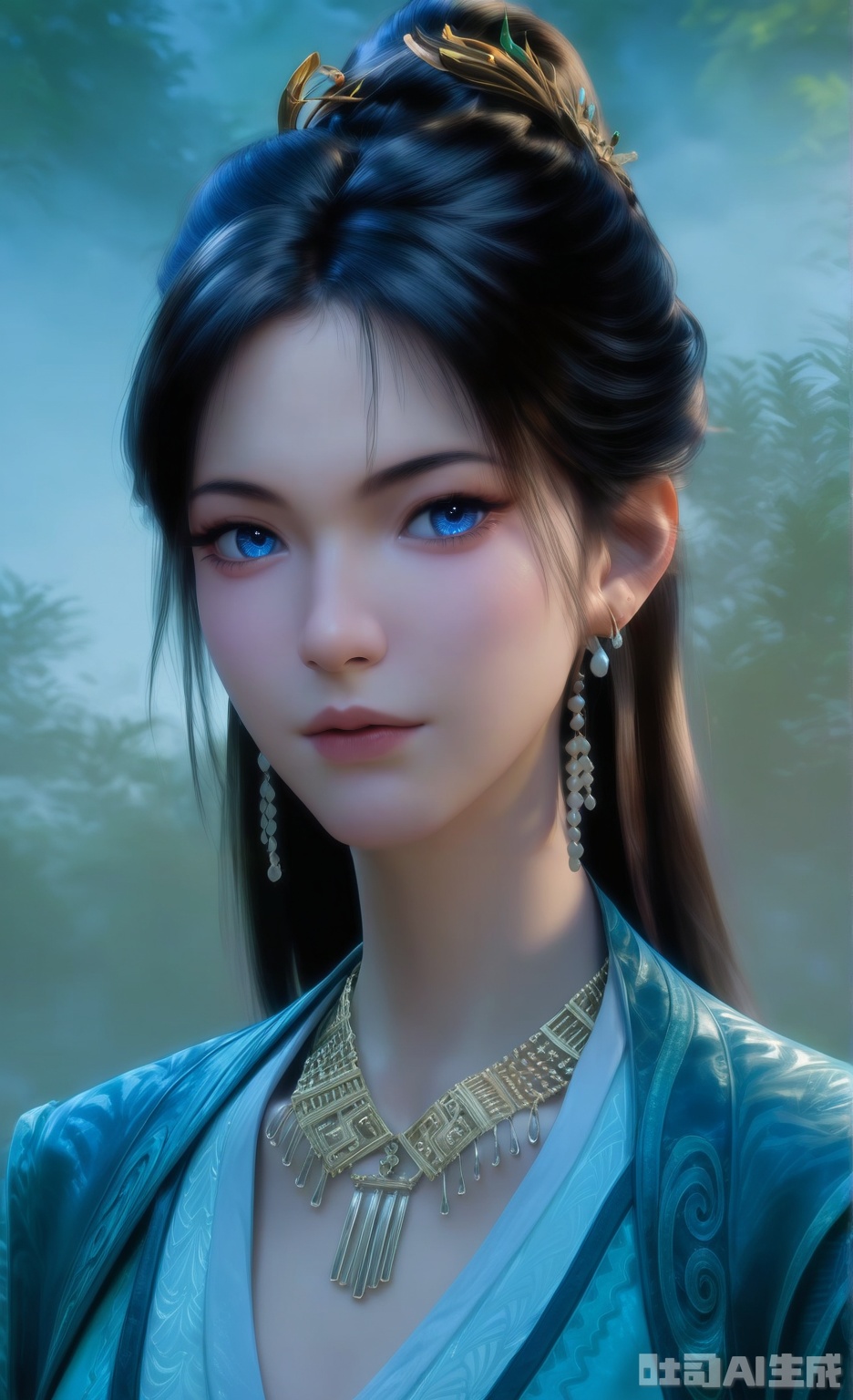 score_9_up,score_8_up,score_7_up,
1girl, solo, blue eyes, black hair, hair ornament, jewelry, earrings, necklace, looking_at_viewer, realistic,