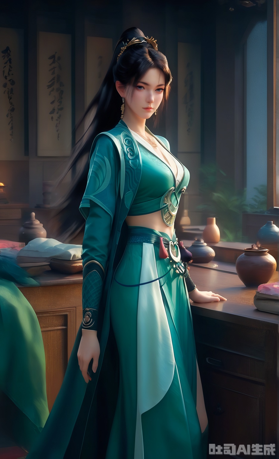 score_9_up,score_8_up,score_7_up,
1girl, solo, long hair, looking at viewer, black hair, hair ornament, dress, jewelry, closed mouth, ponytail, indoors,