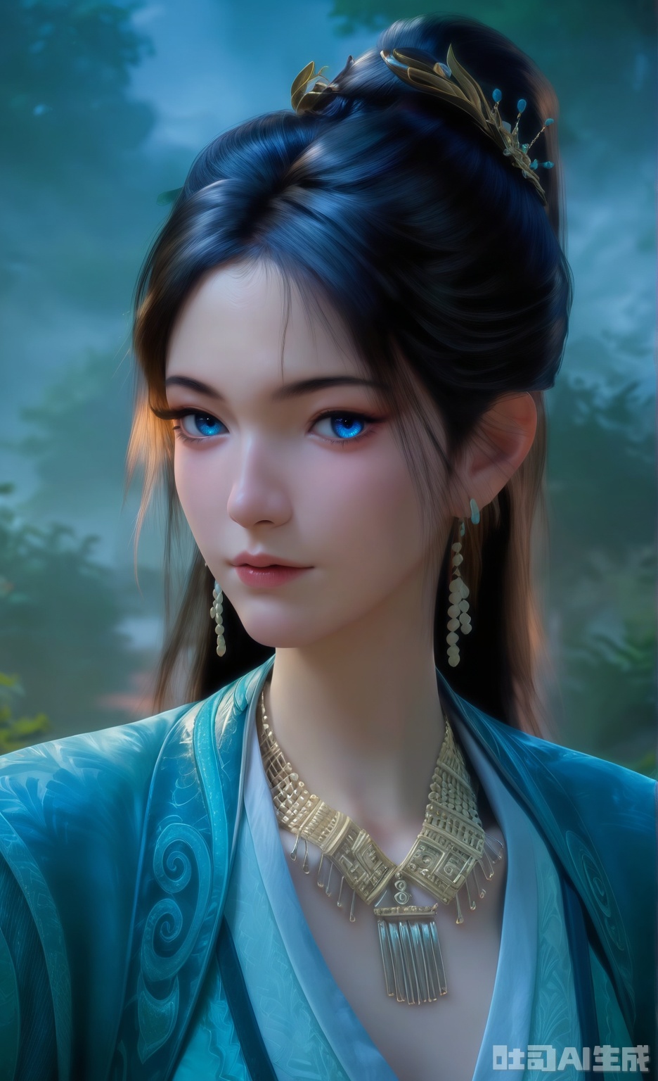 score_9_up,score_8_up,score_7_up,
1girl, solo, blue eyes, black hair, hair ornament, jewelry, earrings, necklace, looking_at_viewer, realistic,