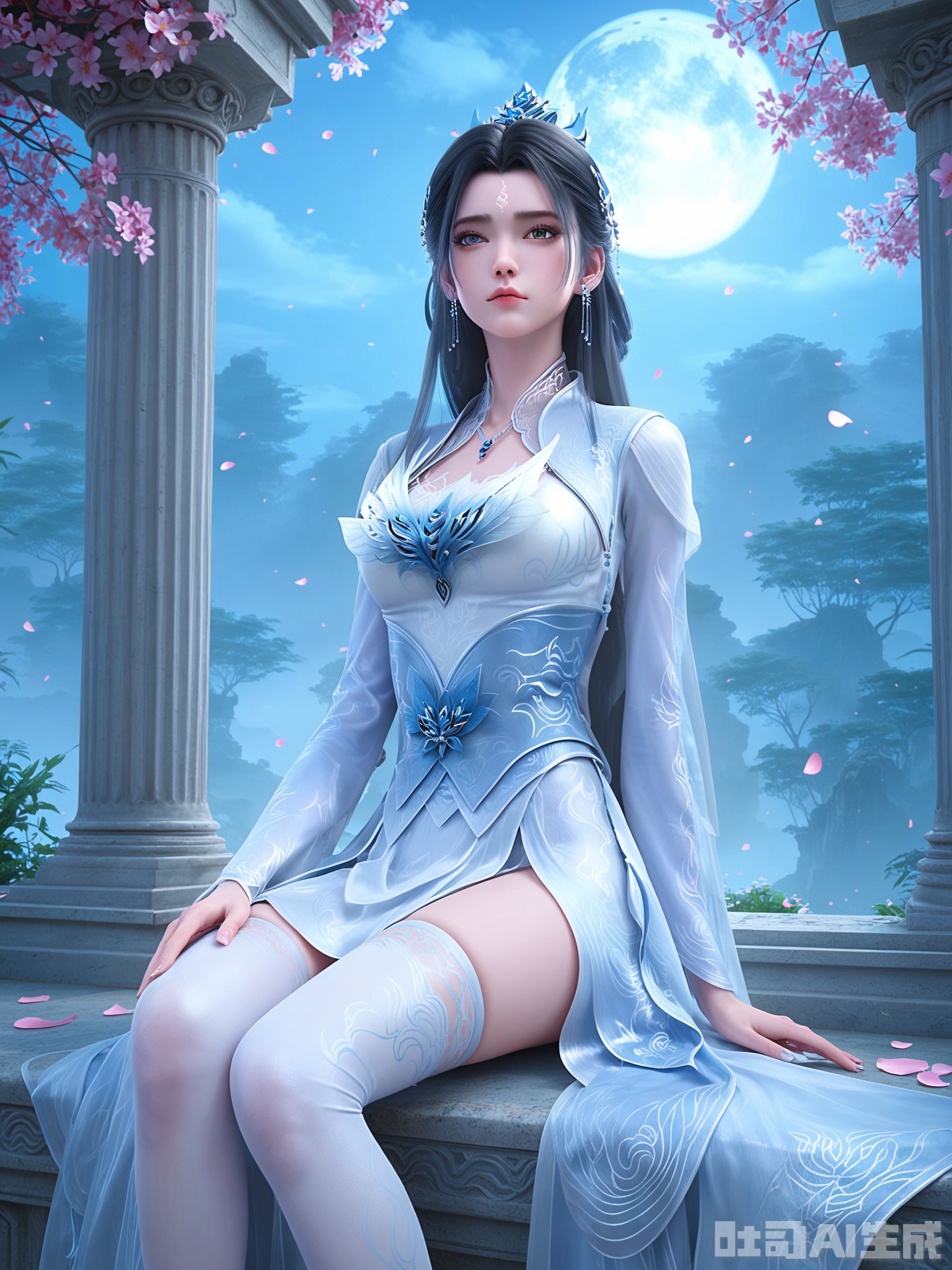 score_9,score_8_up,score_7_up,1girl,looking_at_viewer,realistic,1girl,Vivid Colors,bright environment,delicate water,hair_ornament,shiny skin,reflection,dress,flower sea,falling petals,extreme detail description,(upper body:0.3),put one hand on your side,long_hair,(skindentation:1.3),bright,sunshine on face,light,dress,sitting_down,eyes highlight,thighhighs,white dress,petals,night,expressionless,chinese clothes,pillar,full moon,moonlight
