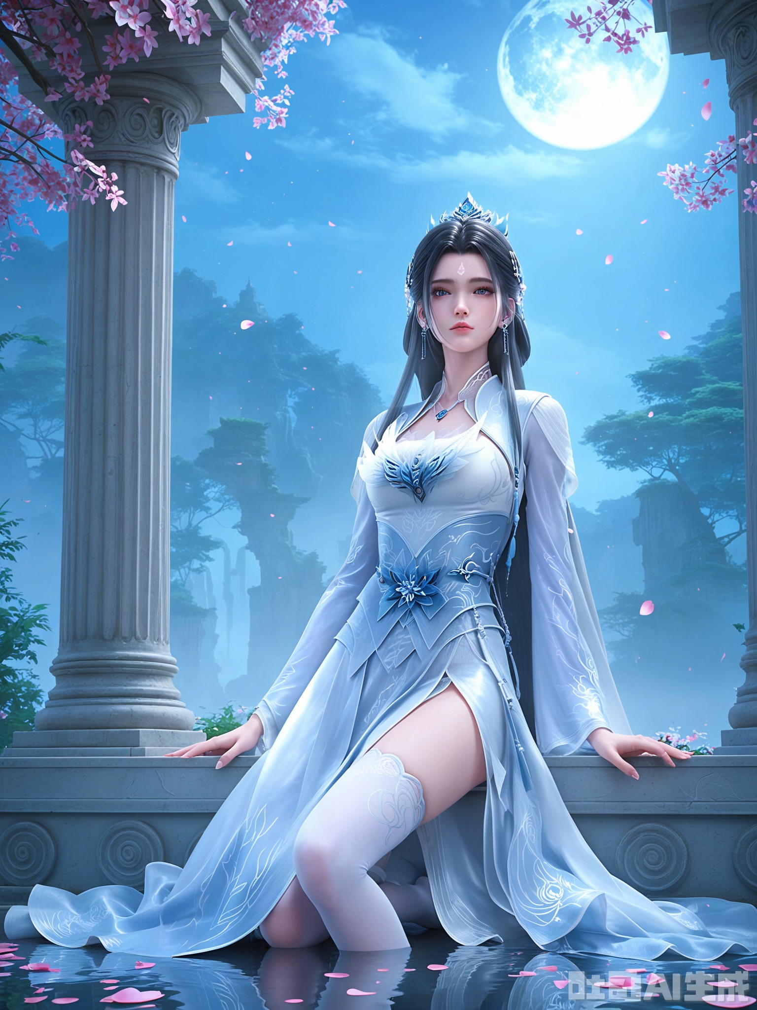 score_9,score_8_up,score_7_up,1girl,looking_at_viewer,realistic,1girl,Vivid Colors,bright environment,delicate water,hair_ornament,shiny skin,reflection,dress,flower sea,falling petals,extreme detail description,(upper body:0.8),put one hand on your side,long_hair,(skindentation:1.3),bright,sunshine on face,light,dress,sitting_down,eyes highlight,thighhighs,white dress,petals,night,expressionless,chinese clothes,pillar,full moon,moonlight,moonlight