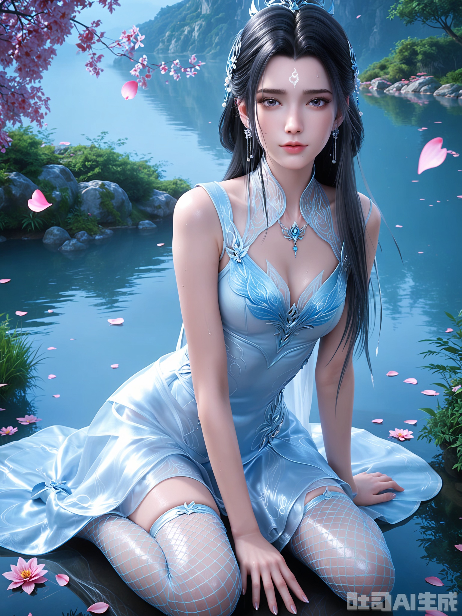 score_9,score_8_up,score_7_up,realistic,photorealistic,1girl,looking_at_viewer,realistic,1girl,Vivid Colors,bright environment,delicate water,hair_ornament,shiny skin,shiny hair,reflection,dress,flower sea,falling petals,extreme detail description,(upper body:0.3),put one hand on your side,long_hair,(skindentation:1.3),Fishnet stockings,bright,sunshine on face,light,sweating,dress,light,sitting_down,