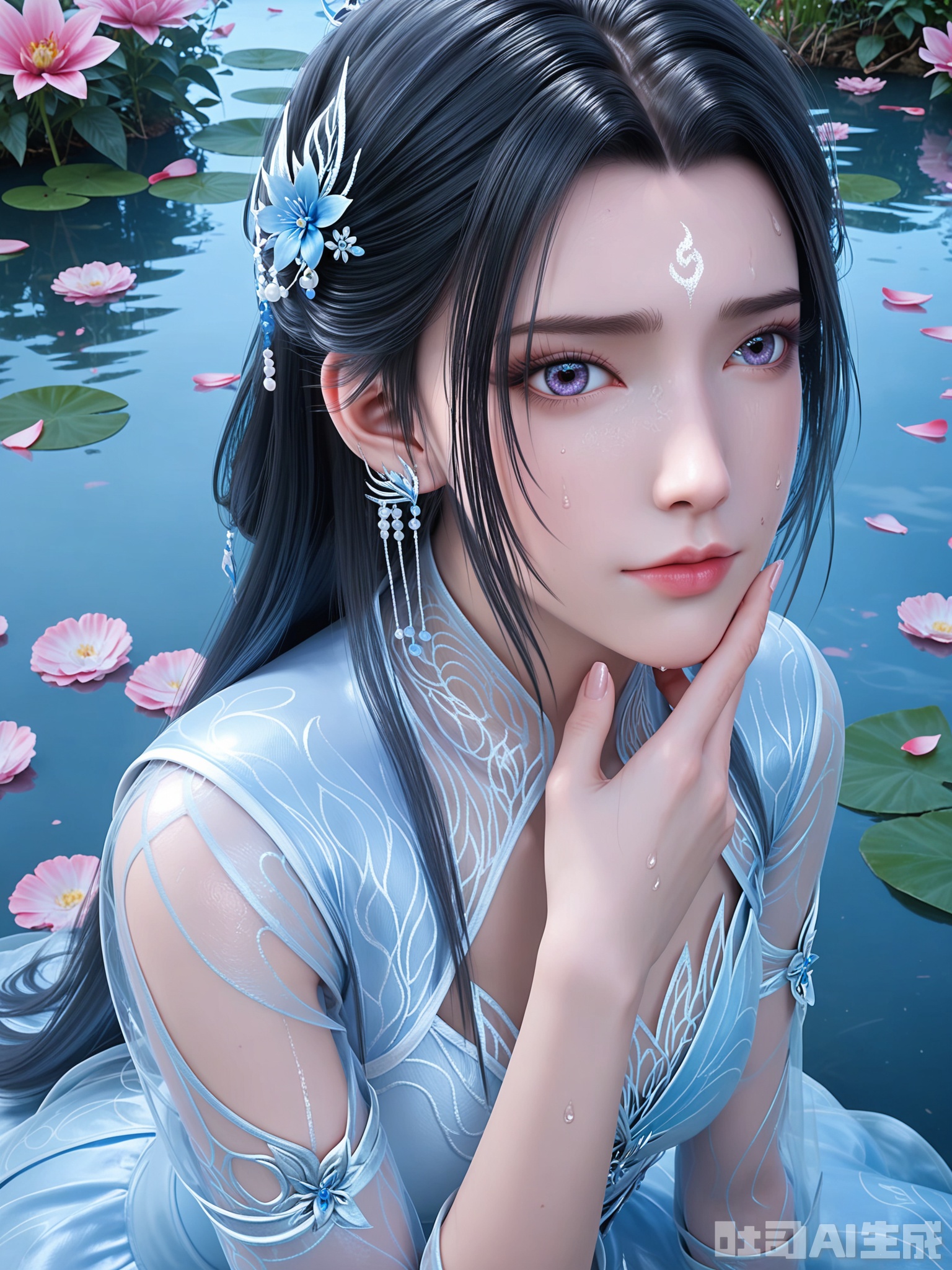 score_9,score_8_up,score_7_up,realistic,photorealistic,1girl,looking_at_viewer,realistic,1girl,Vivid Colors,bright environment,delicate water,hair_ornament,shiny skin,shiny hair,reflection,dress,flower sea,falling petals,extreme detail description,(upper body:0.3),put one hand on your side,long_hair,(skindentation:1.3),Fishnet stockings,bright,sunshine on face,light,sweating,dress,light,sitting_down,