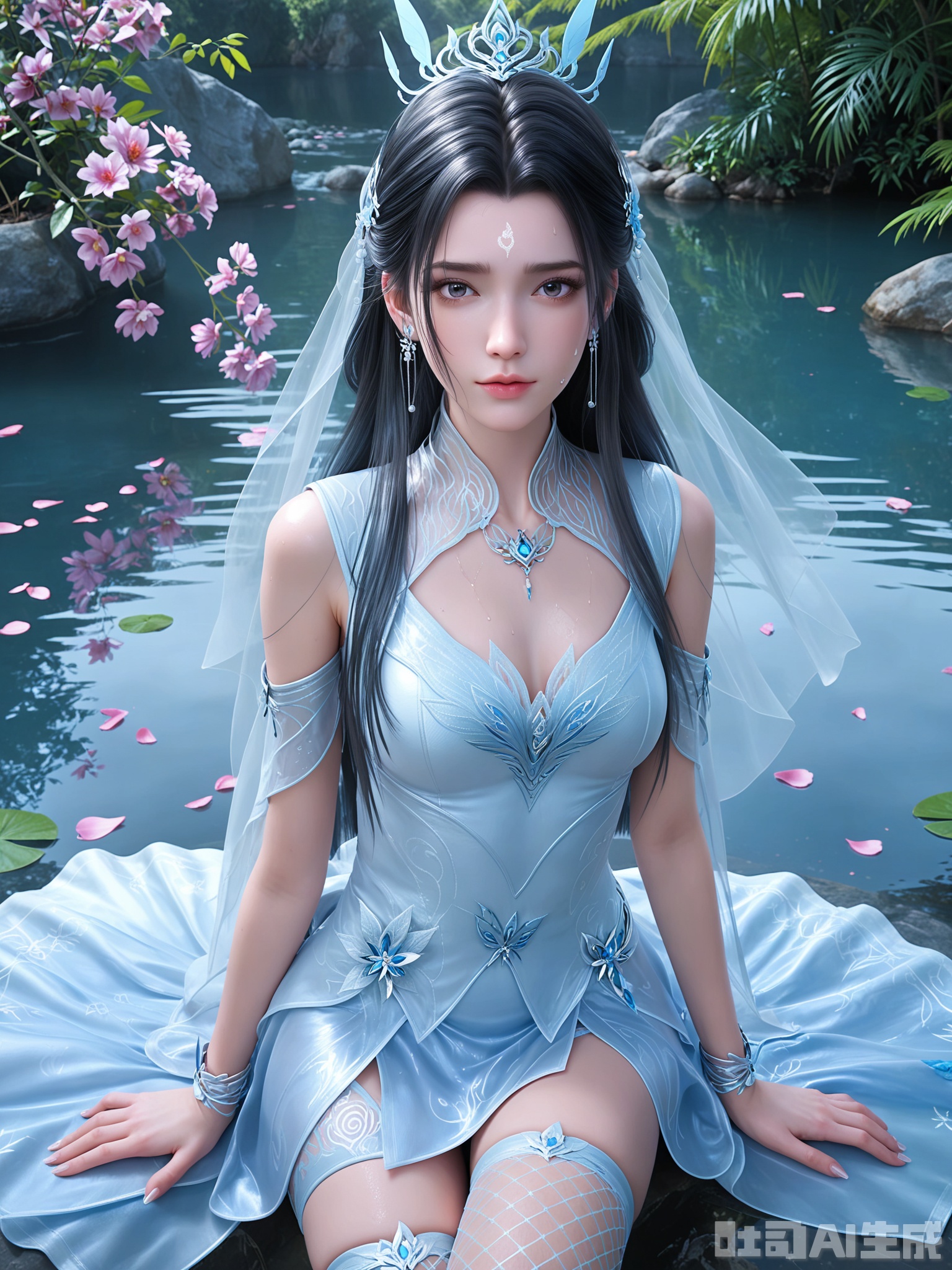 score_9,score_8_up,score_7_up,realistic,photorealistic,1girl,looking_at_viewer,realistic,1girl,Vivid Colors,bright environment,delicate water,hair_ornament,shiny skin,shiny hair,reflection,dress,flower sea,falling petals,extreme detail description,(upper body:0.3),put one hand on your side,long_hair,(skindentation:1.3),Fishnet stockings,bright,sunshine on face,light,sweating,dress,light,sitting_down,