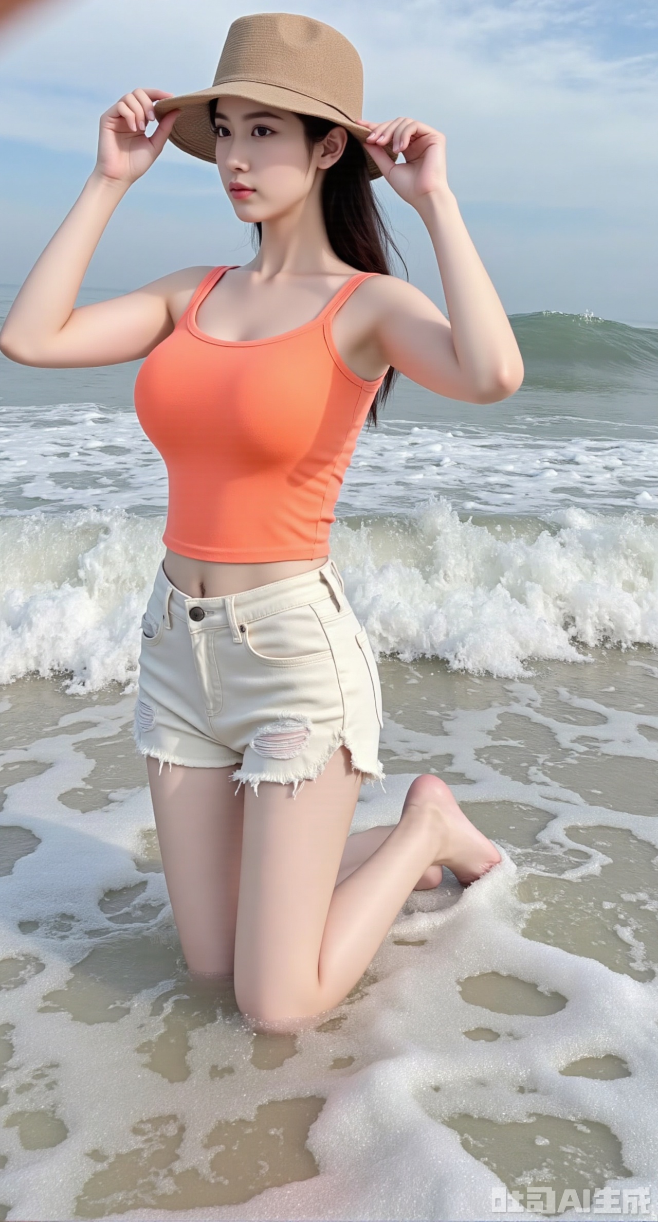 (masterpiece:1.2),best quality,Neon orange cropped tee & distressed shorts. Kneels to adjust hat, front camera catches wave splashes. Bikini straps peek, sunscreen glow on collarbones, palm shadows on legs..(huge breasts:2.99), (full breasts:2.99),,Xmoxionghanfu,XluxueqiXY2,Xyaoyuexianzi,Xyuyuanchuyu2,Xfenhanfududou,XtianhuxiaobaiX,Xhongqipao,Xbaleifengdiaodaiqun,Xgechuanguangchongstyle,Xyuanxionggirl