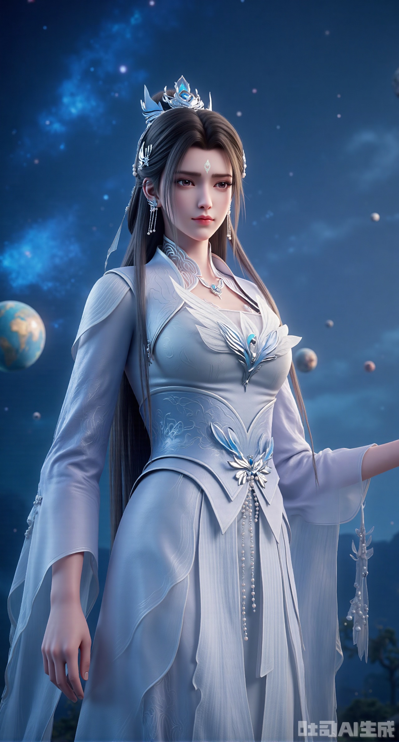 (masterpiece:1.2),best quality,(UE5.5,rendered with Unreal Engine 5,Unreal Engine 5,CG rendering:1.1), Realistic details, long hair flowing gracefully, exquisitely crafted hair accessories, headdress, holy radiance, starry sky background, nebulae flowing, stars twinkling, willow branches stretching, both hands holding a planet, details on the planets surface, textures of mountains, rivers and oceans, planets surrounding, planets of various sizes, traces of planetary orbits, dreamy light and shadow effects,(huge breasts:2.99),(full breasts:2.99),,,Xdongjixiaofu,Xlanbaixiaofu,XkjwjlzyY,XLiquidGlass,XiPhone17Pro,Xshuilian,XzhuxianbiyaoX,XnaiqiXY,Xzihanfu